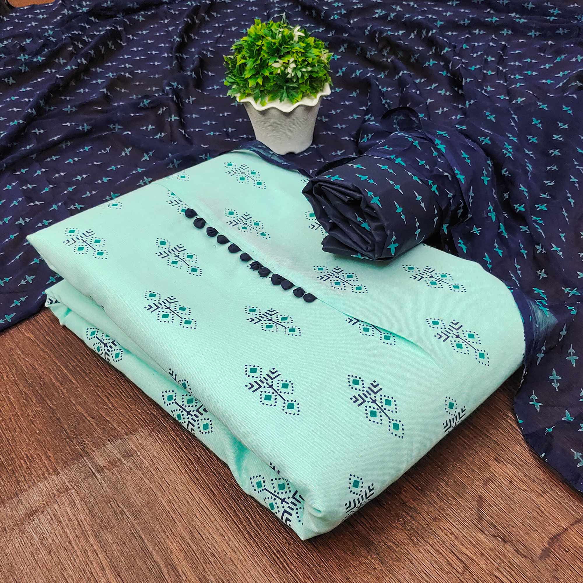 Blue Floral Printed Cotton Blend Dress Material - Image 3
