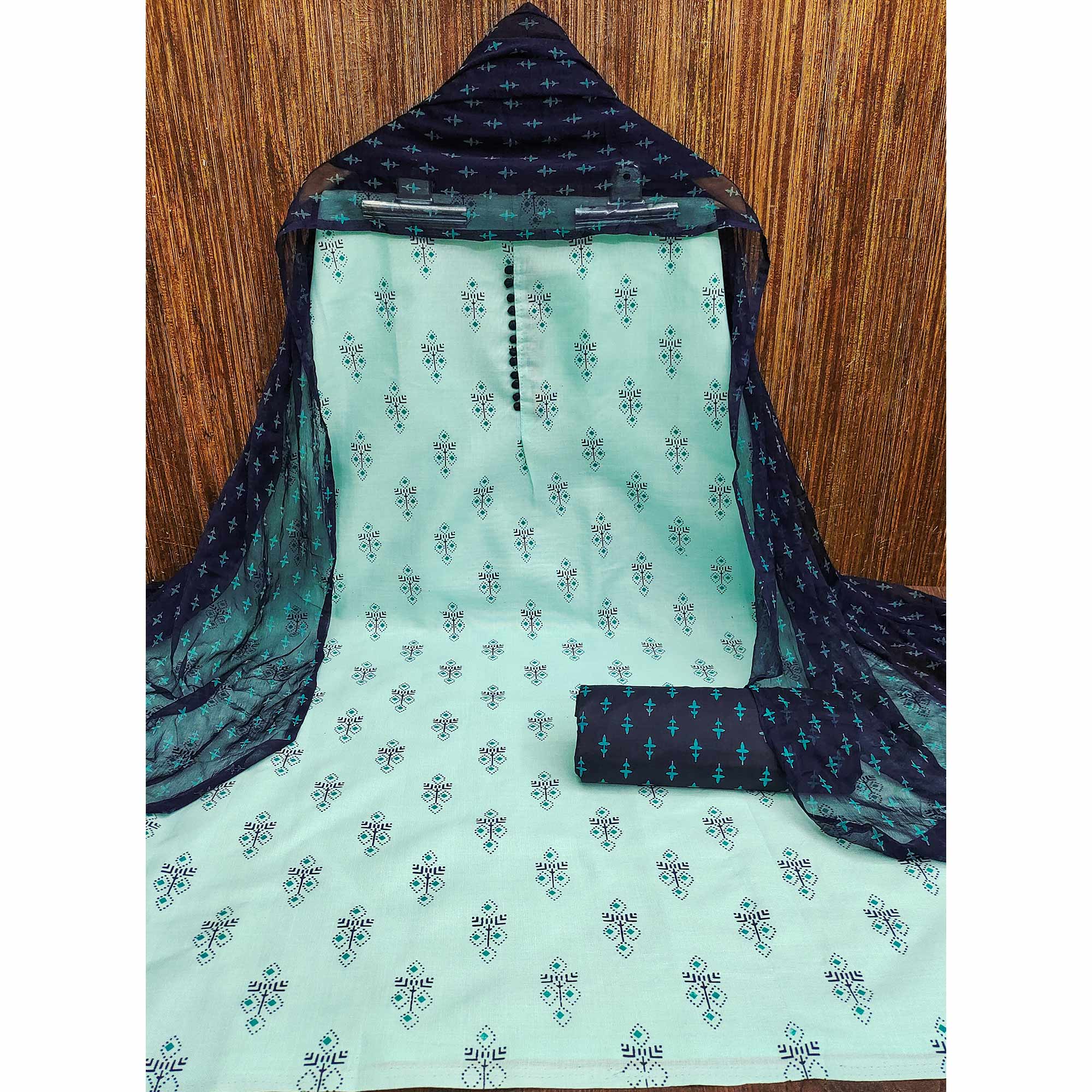 Blue Floral Printed Cotton Blend Dress Material - Image 4