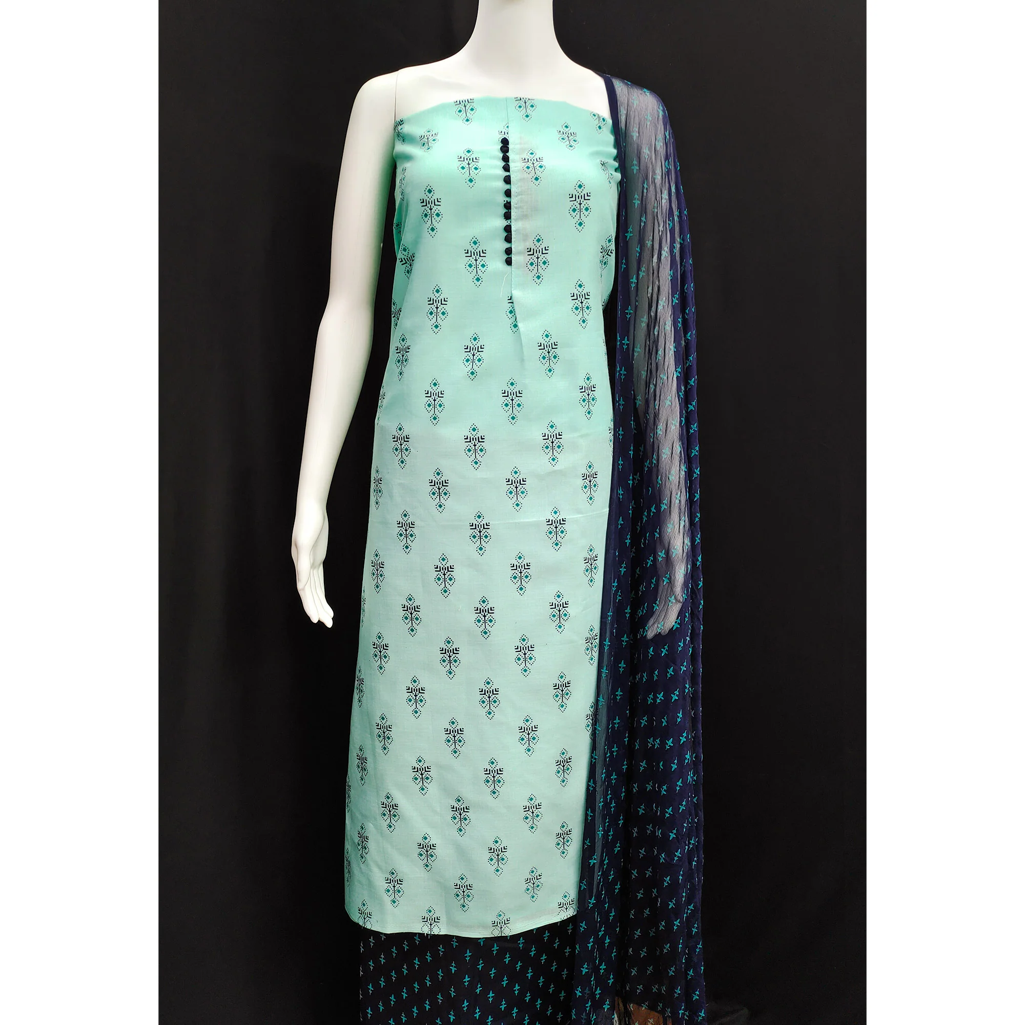 Blue Floral Printed Cotton Blend Dress Material - Image 5