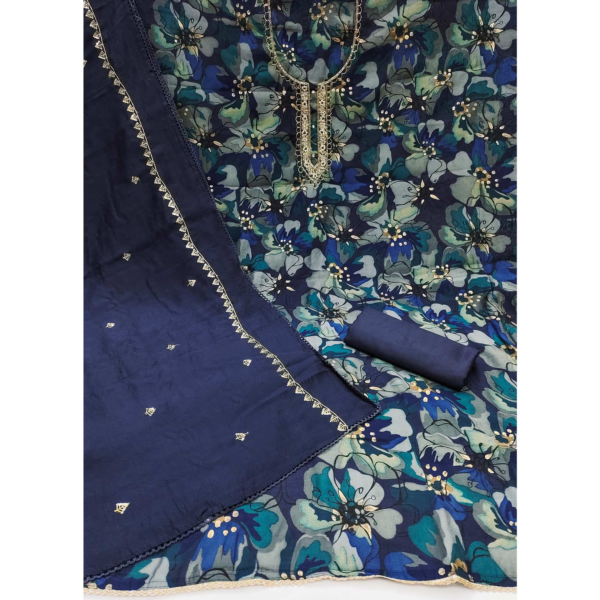 Blue Floral Printed Cotton Silk Dress Material - Image 2