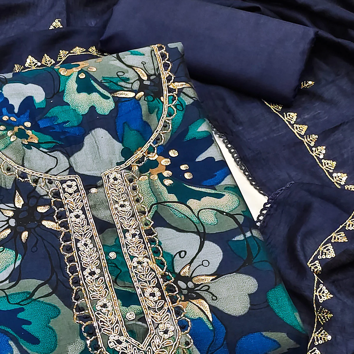 Blue Floral Printed Cotton Silk Dress Material - Image 3