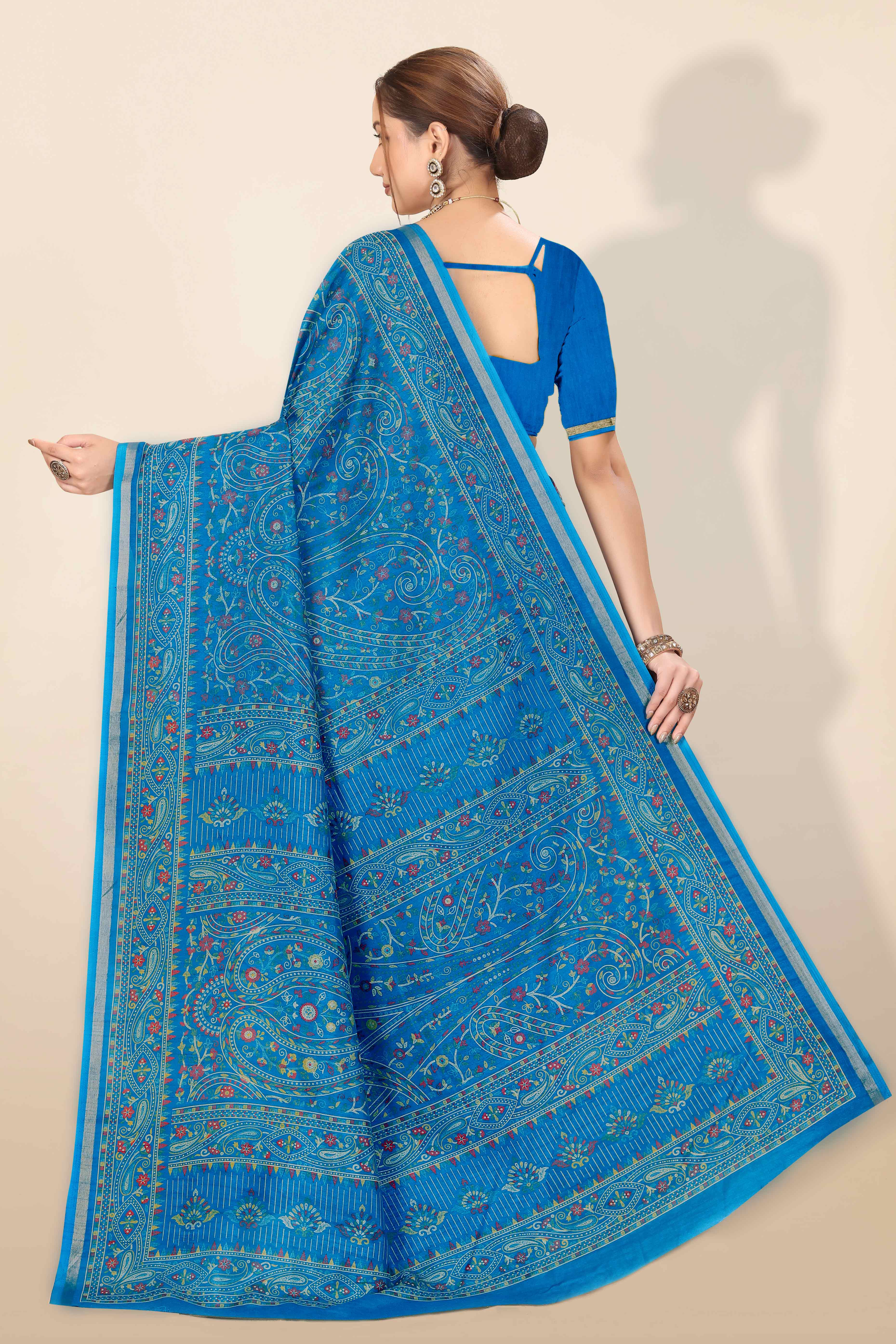 Blue Floral Printed Dola Kashmiri Dola Silk Saree Highlighted With Rich Golden Zari Border - Image 6