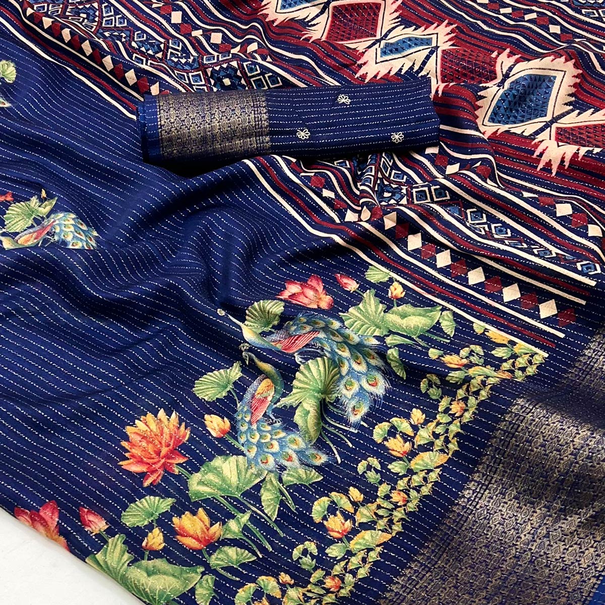 Blue Floral Printed Dola Silk Saree With Jacquard Border - Image 2