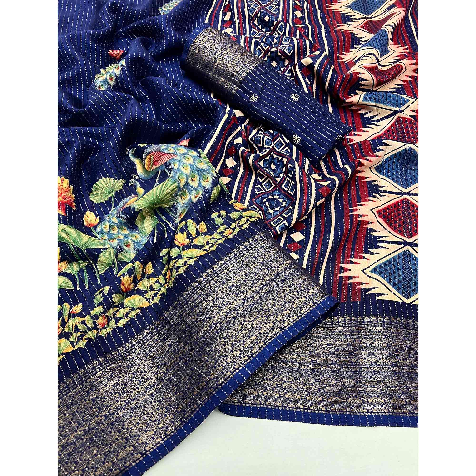 Blue Floral Printed Dola Silk Saree With Jacquard Border - Image 3