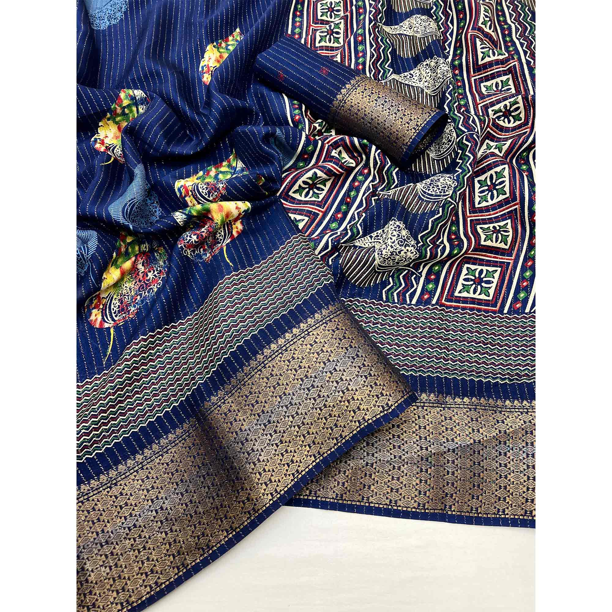 Blue Floral Printed Dola Silk Saree With Jacquard Border - Image 3