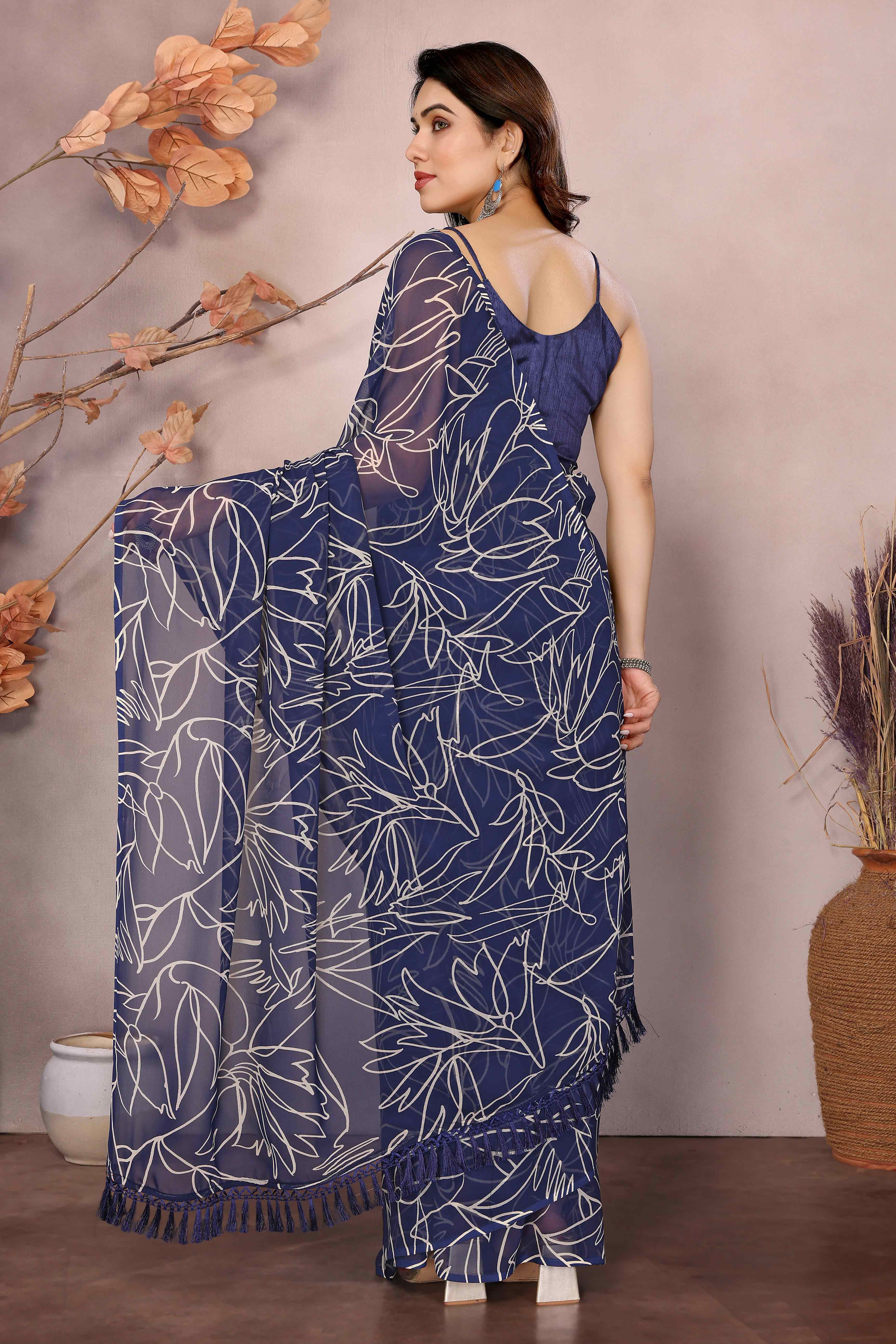 Blue Floral Printed Georgette Ready Made Saree With Tassels - Image 3