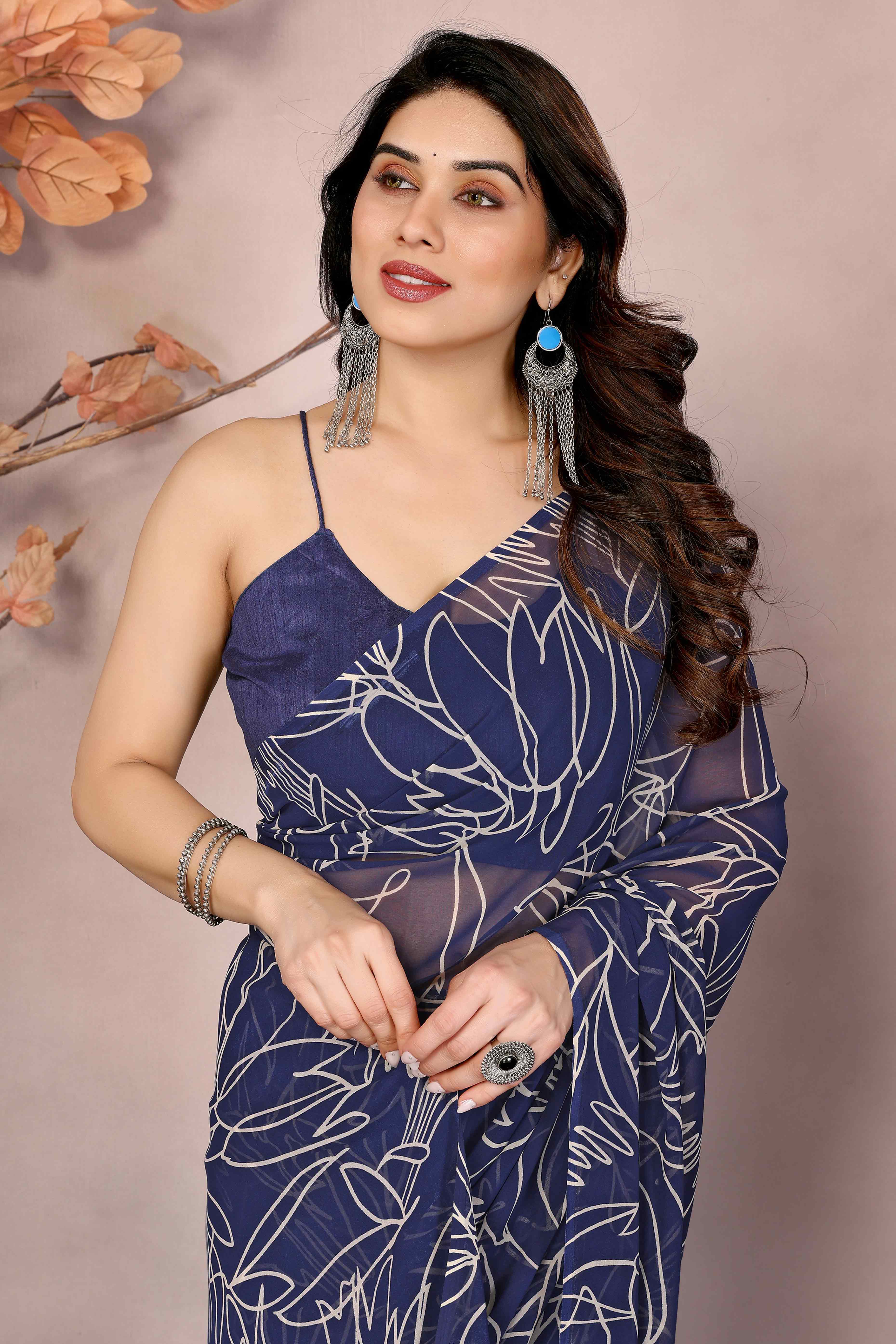 Blue Floral Printed Georgette Ready Made Saree With Tassels - Image 5