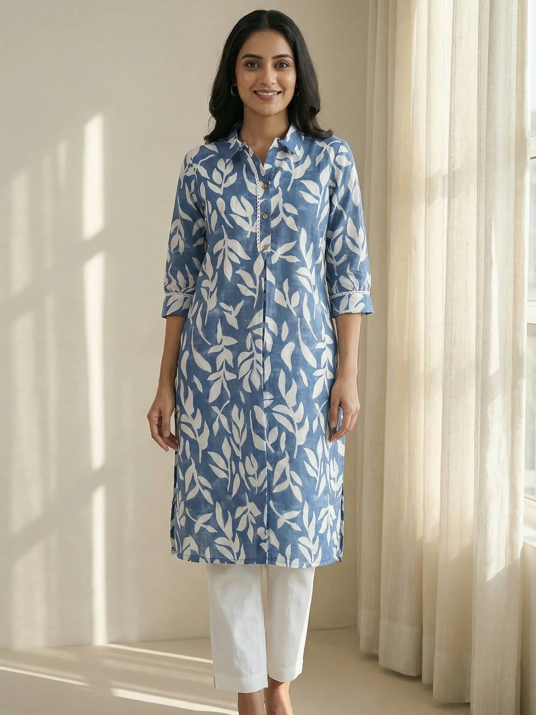 Blue Floral Printed Linen Straight Kurti with Minimalist Casual Style