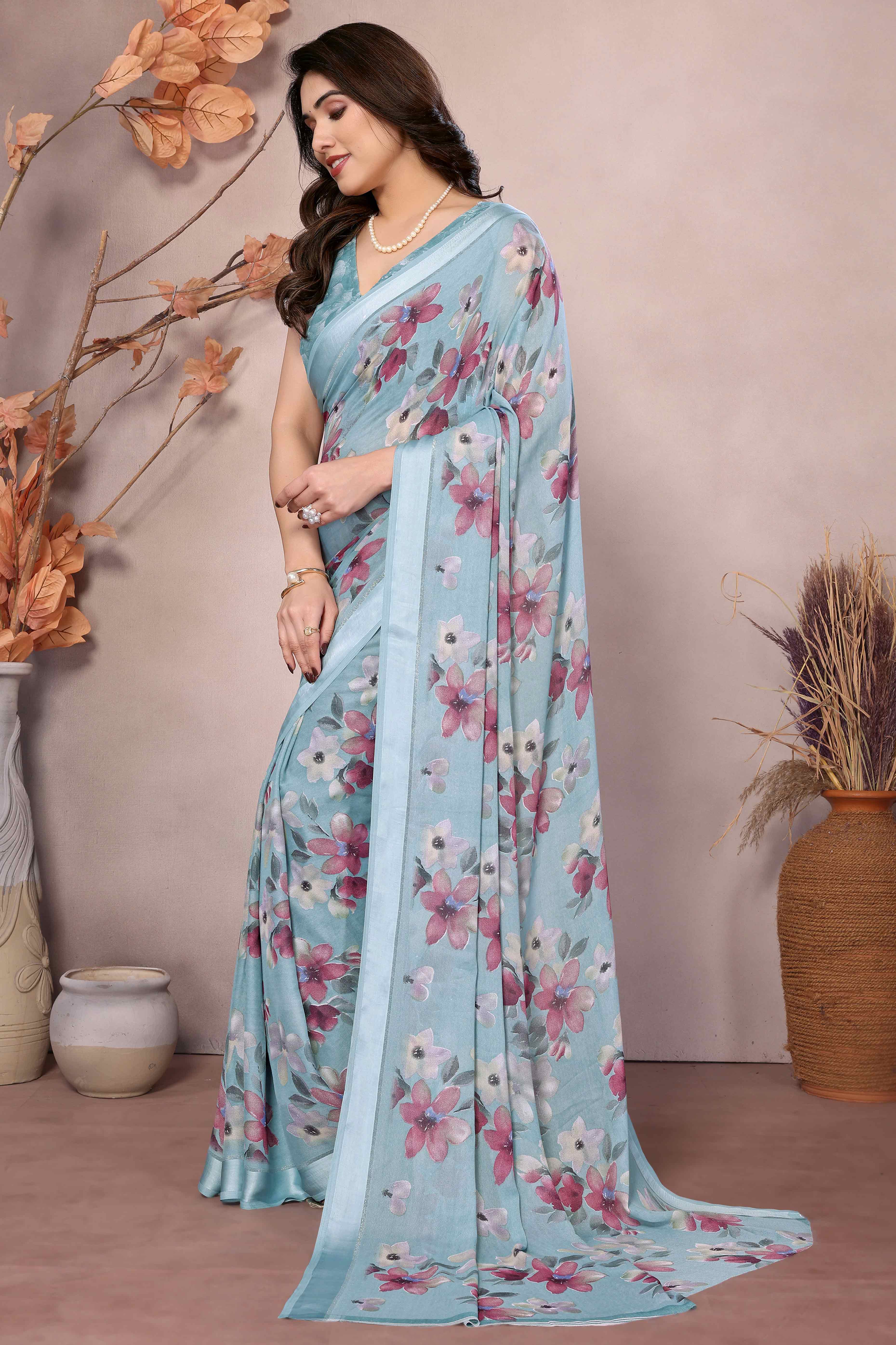 Blue Floral Printed Moss Art Silk Saree - Image 3