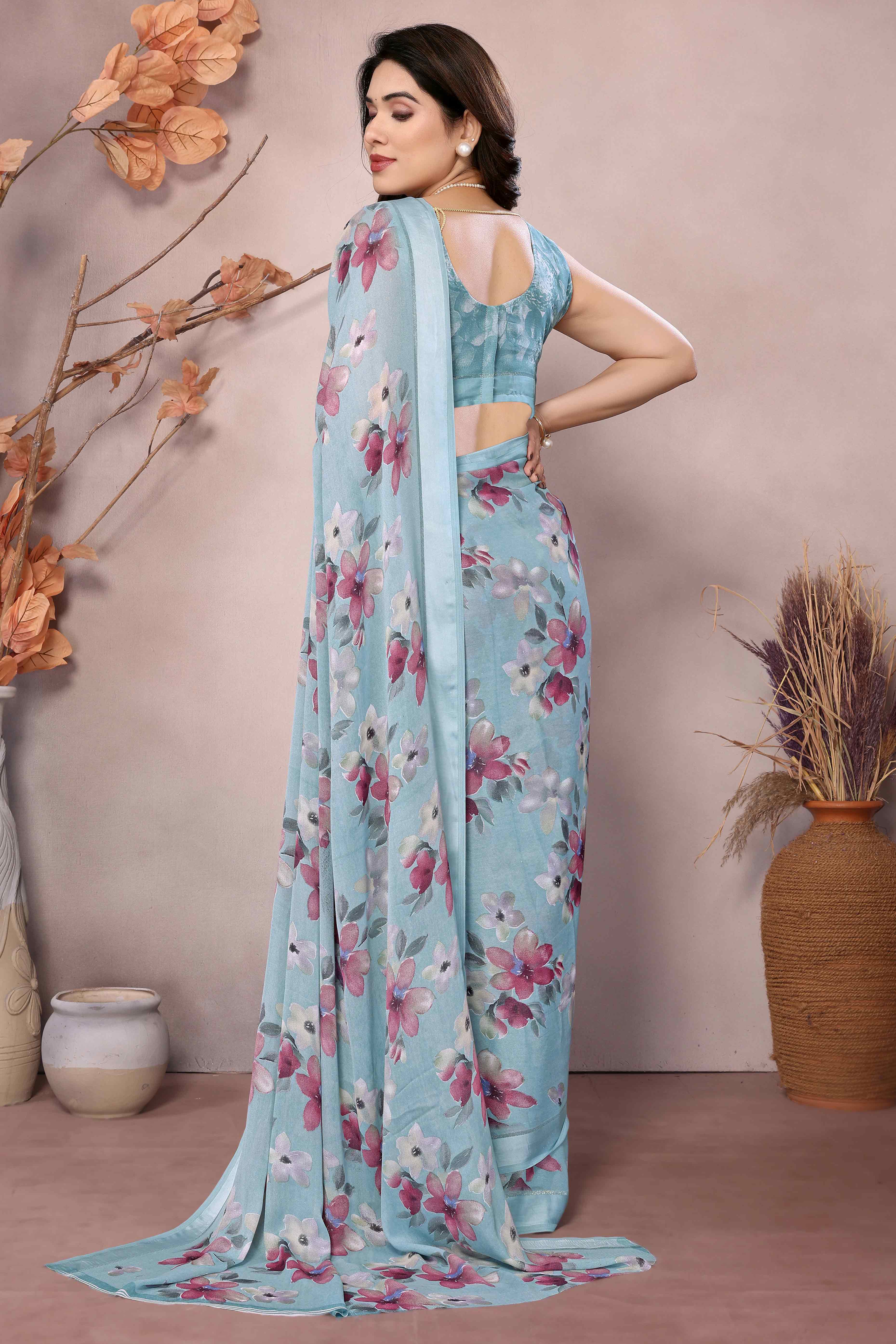 Blue Floral Printed Moss Art Silk Saree - Image 4