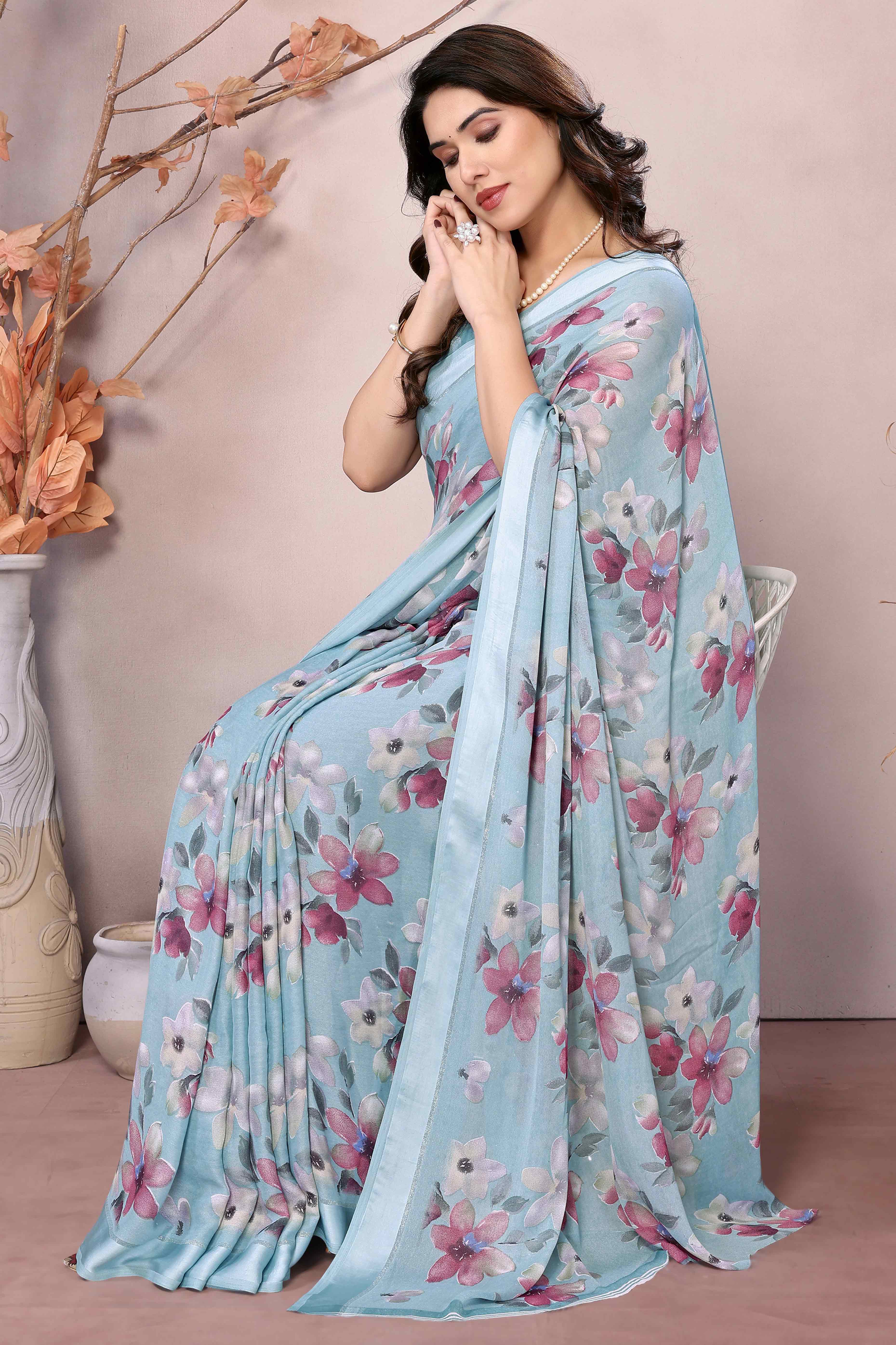 Blue Floral Printed Moss Art Silk Saree - Image 5