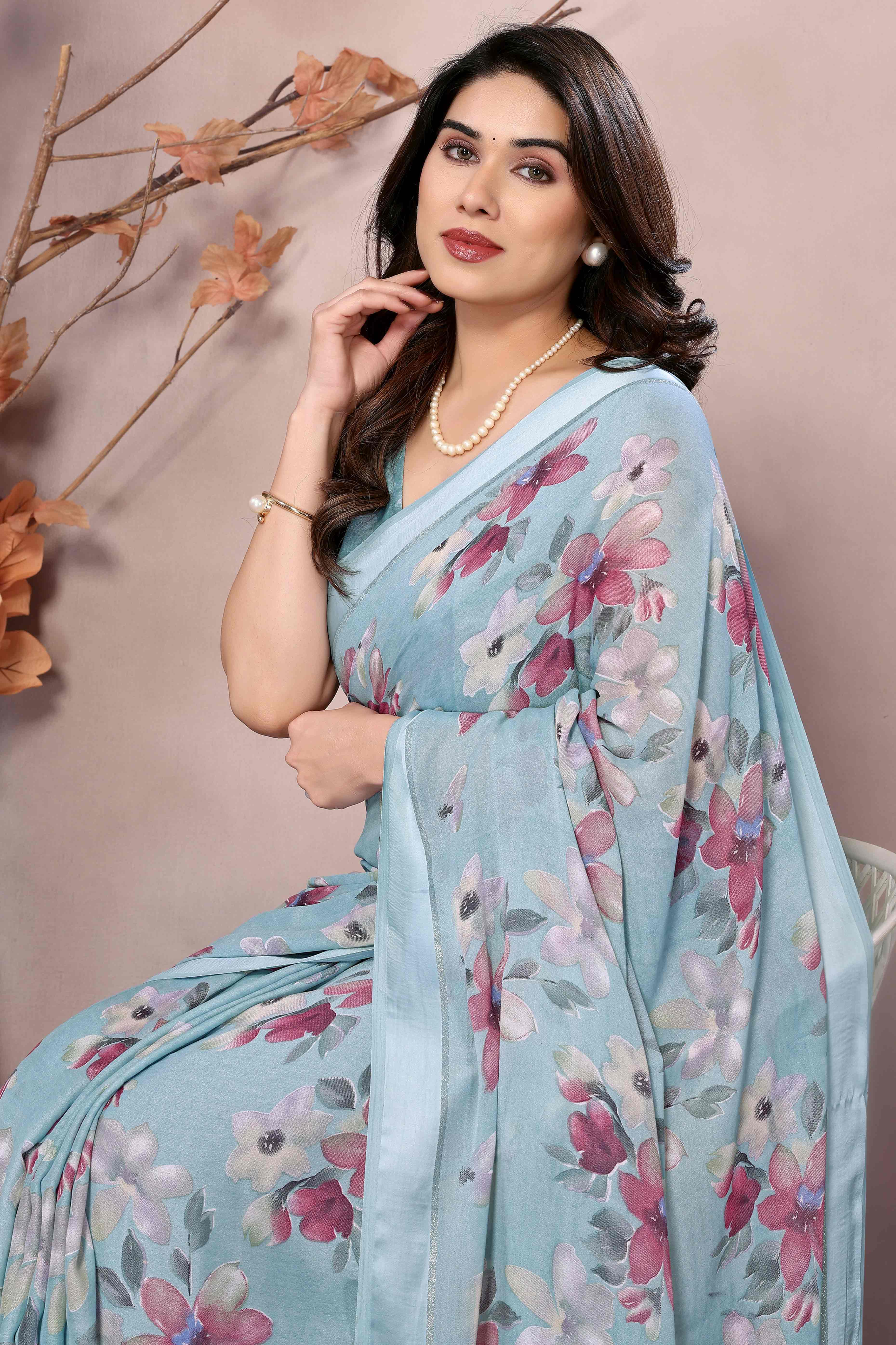 Blue Floral Printed Moss Art Silk Saree - Image 6