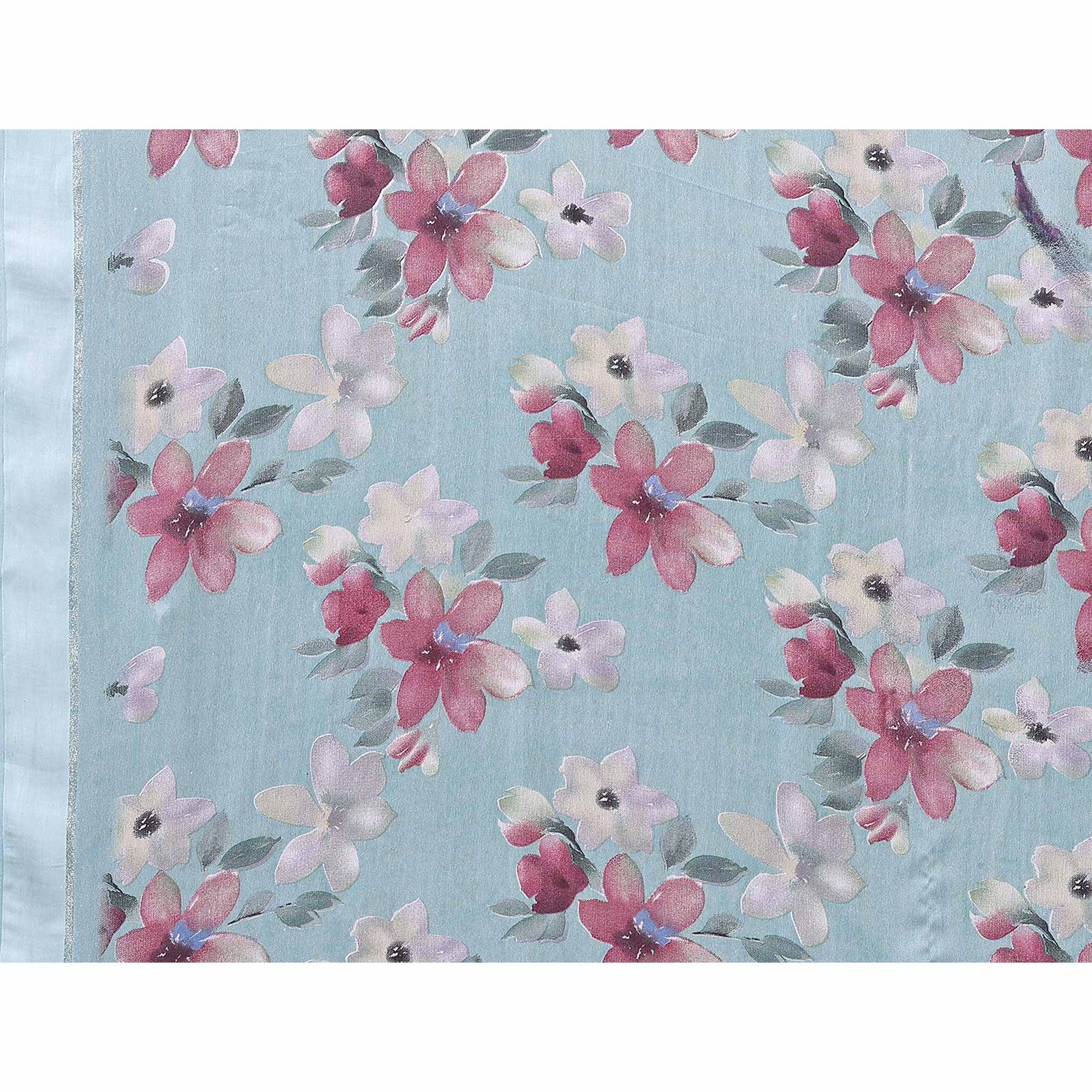 Blue Floral Printed Moss Art Silk Saree - Image 8