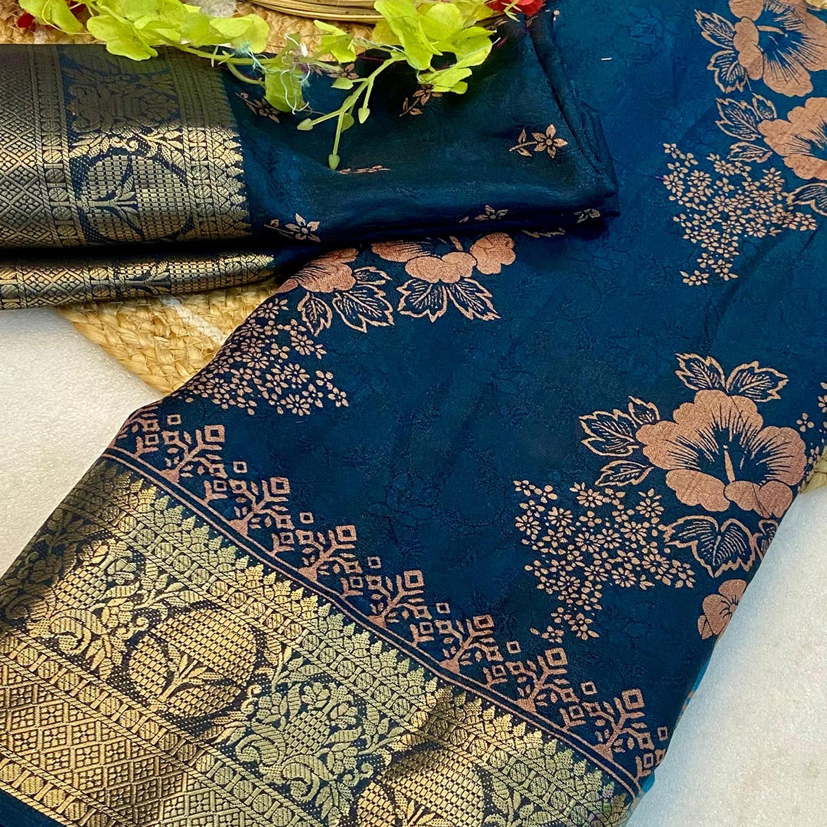 Blue Floral Printed Moss Art Silk Saree With Woven Border - Image 2