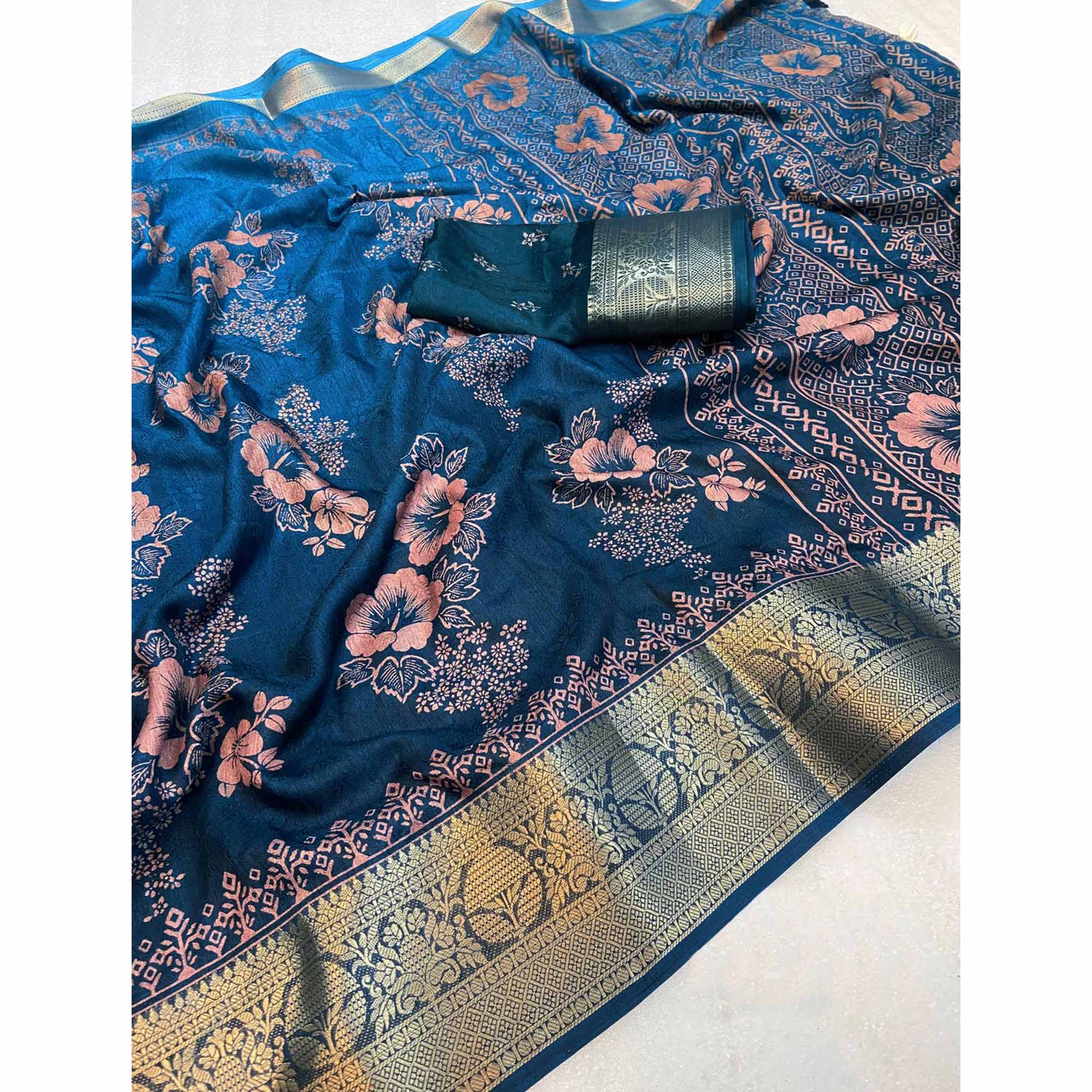 Blue Floral Printed Moss Art Silk Saree With Woven Border - Image 3