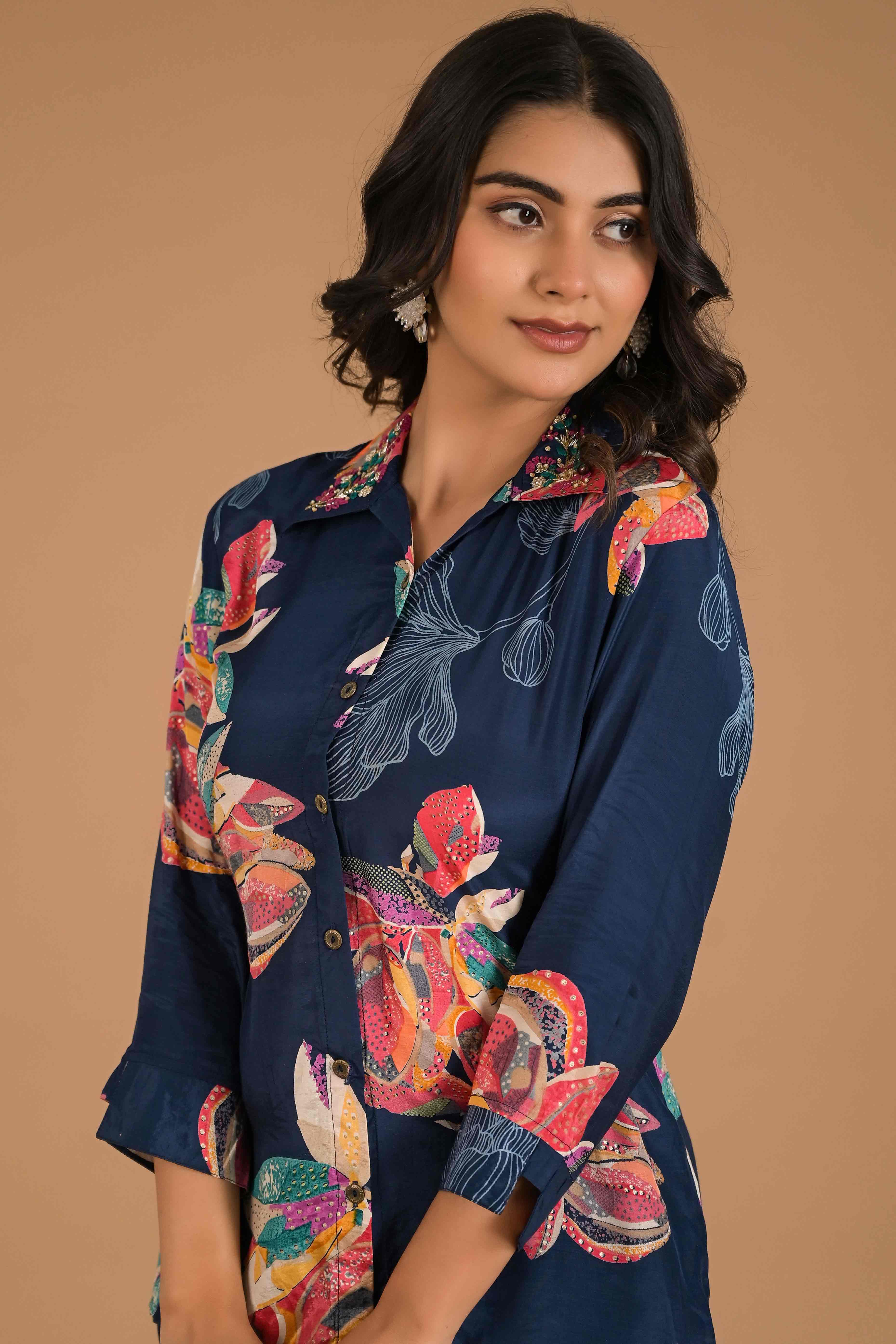 Blue Floral Printed Muslin Co-Ord Set - Image 2