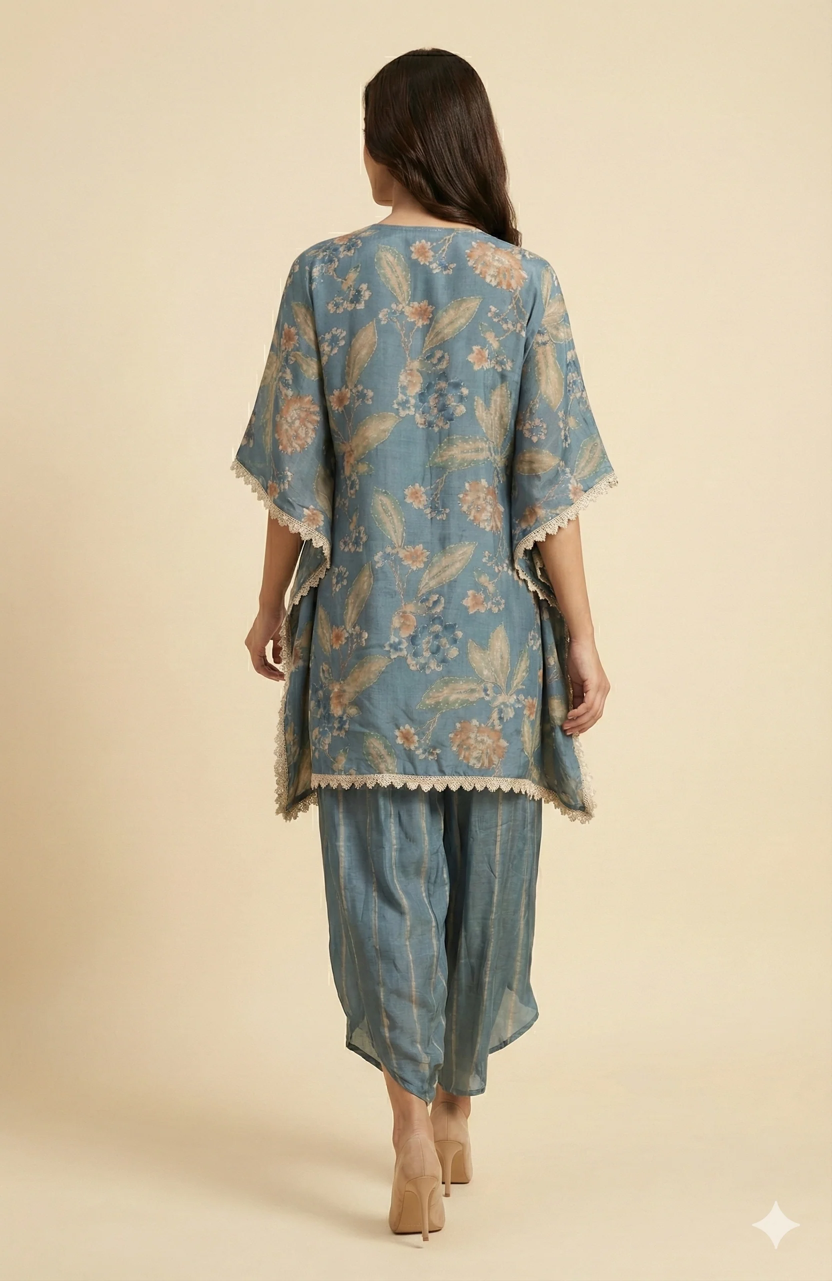Blue Floral Printed Muslin Kaftan Top Bottom Set Ideal for Festive - Image 3