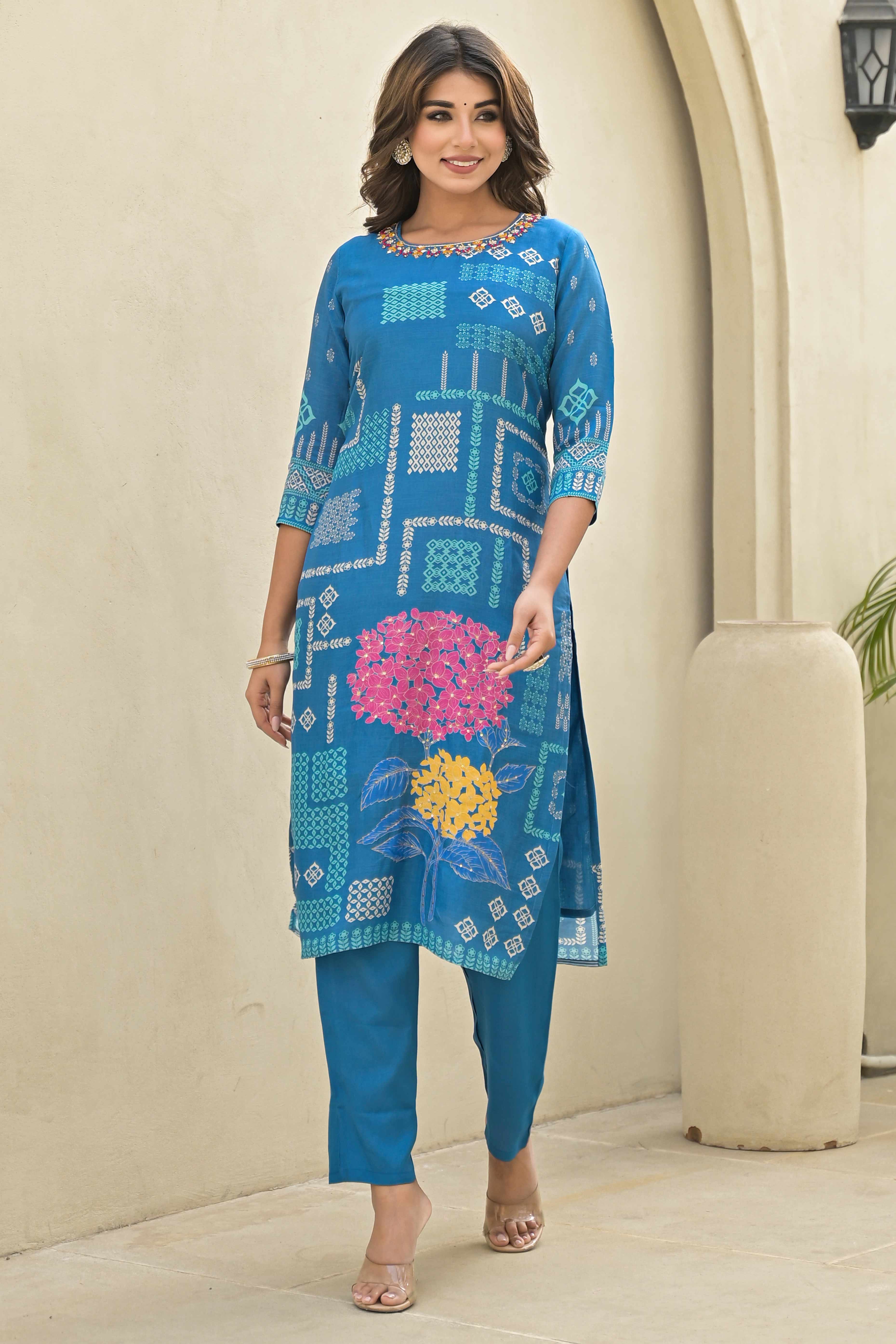 Blue Floral Printed Muslin Straight Salwar Suit - Image 6