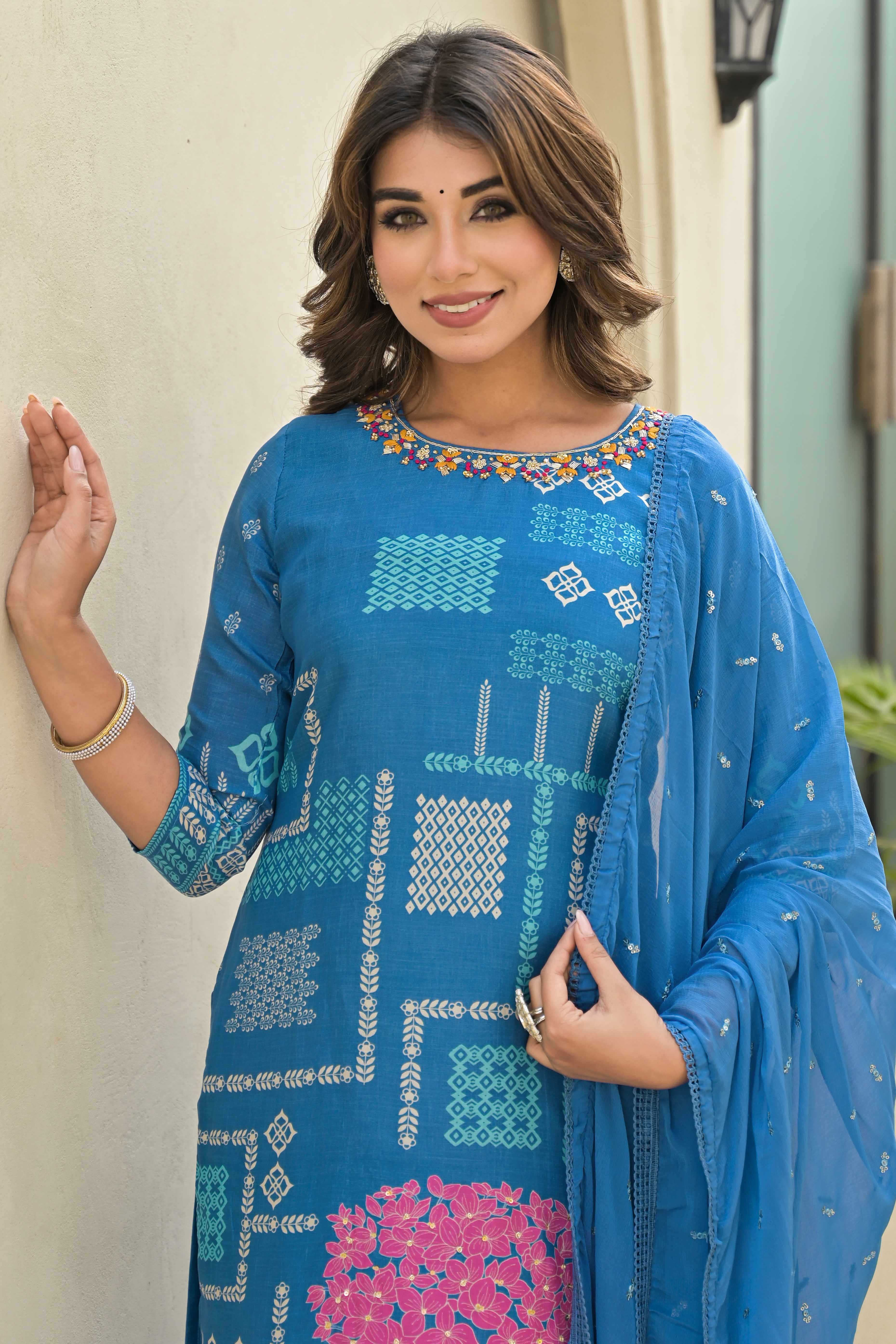 Blue Floral Printed Muslin Straight Salwar Suit - Image 8