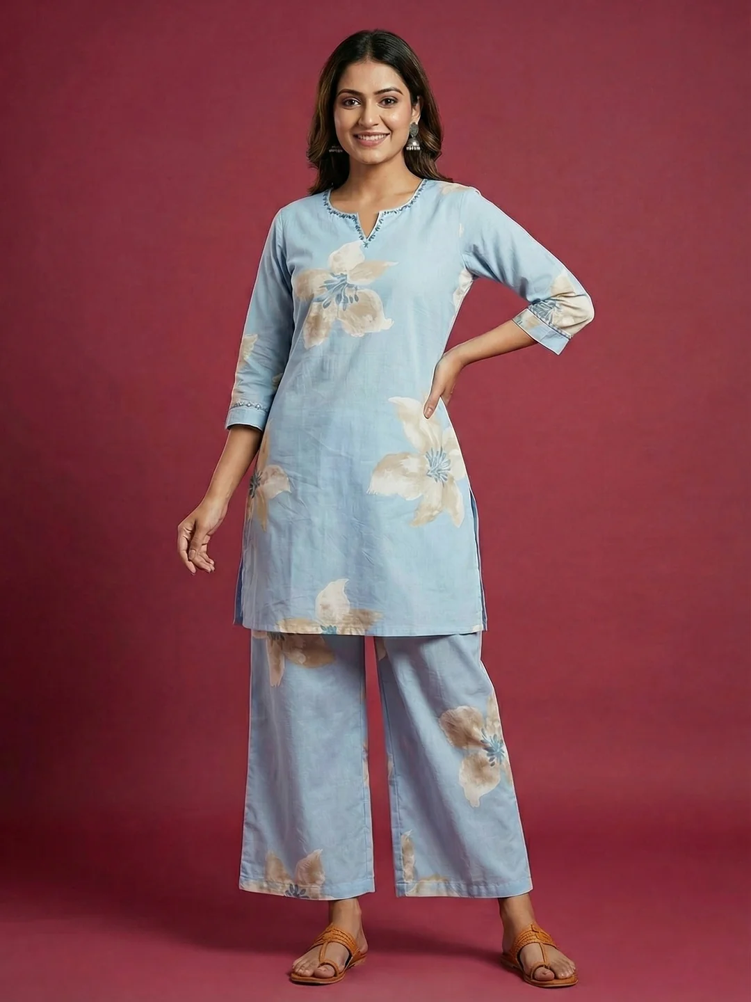 Blue Floral Printed Pure Cotton Co-Ord Set for Casual Ethnic Styling