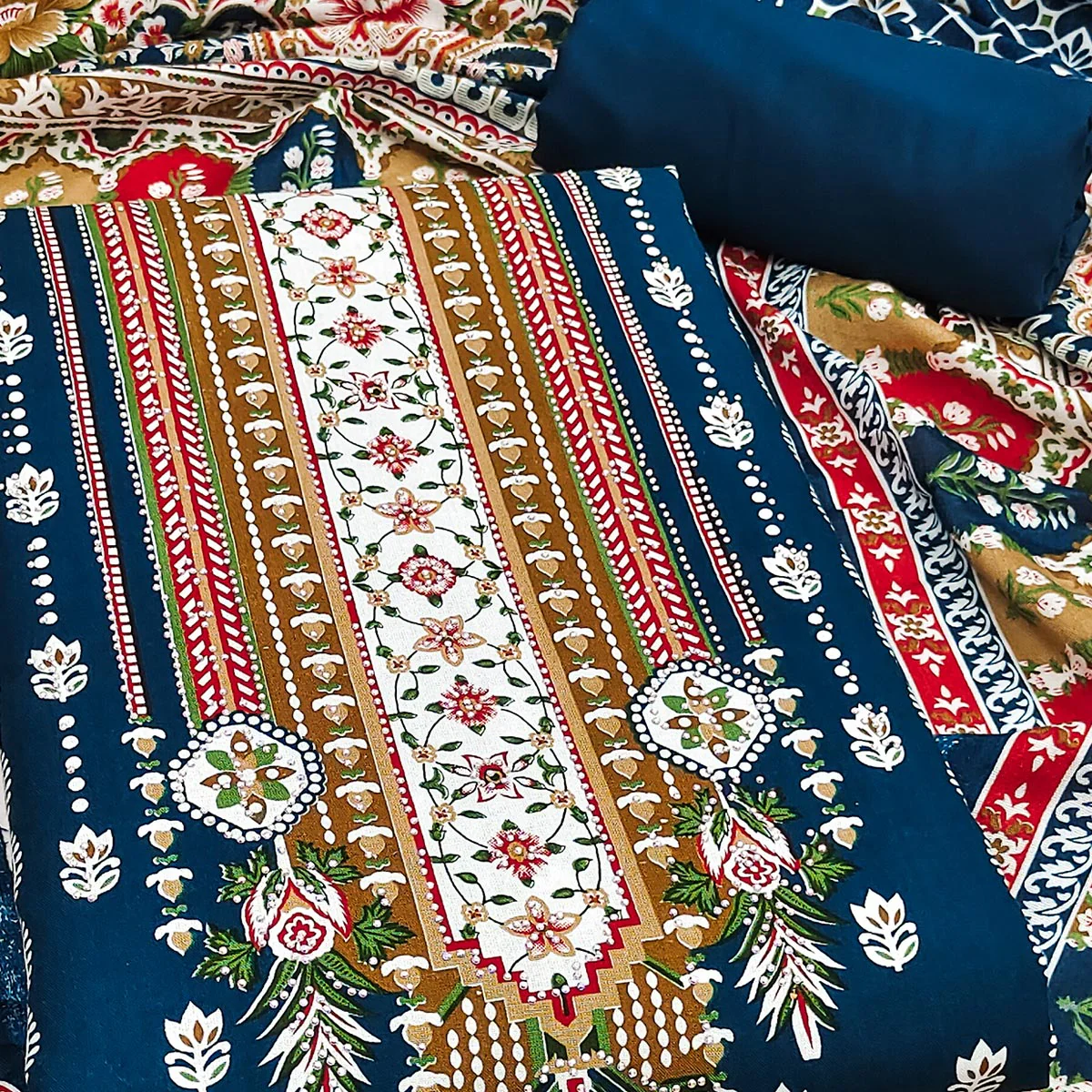 Blue Floral Printed Rayon Dress Material Accented With Premium Swarovski Work - Image 2