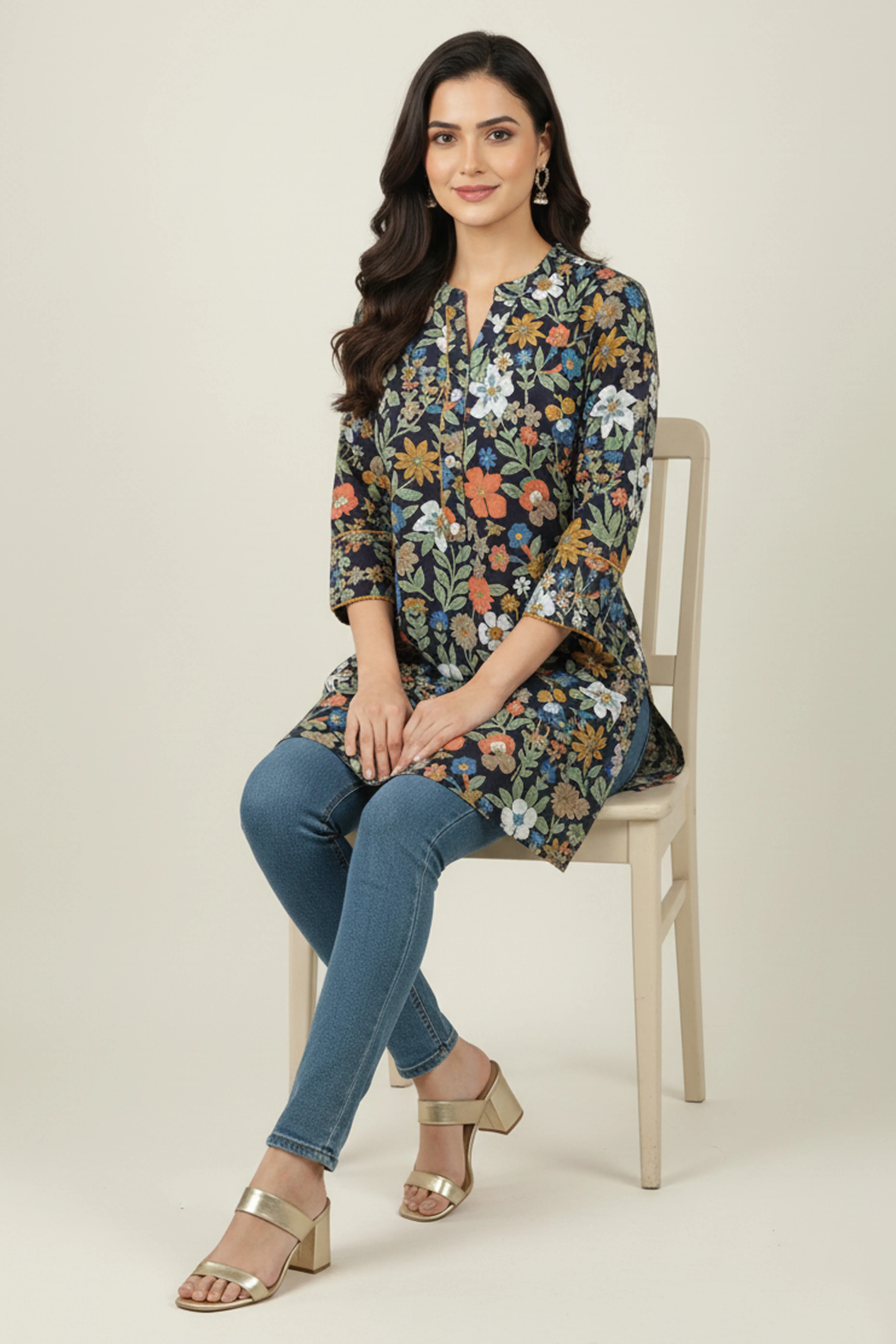 Blue Floral Printed Rayon Top Offering a Blend of Comfort and Ethnic Style - Image 6
