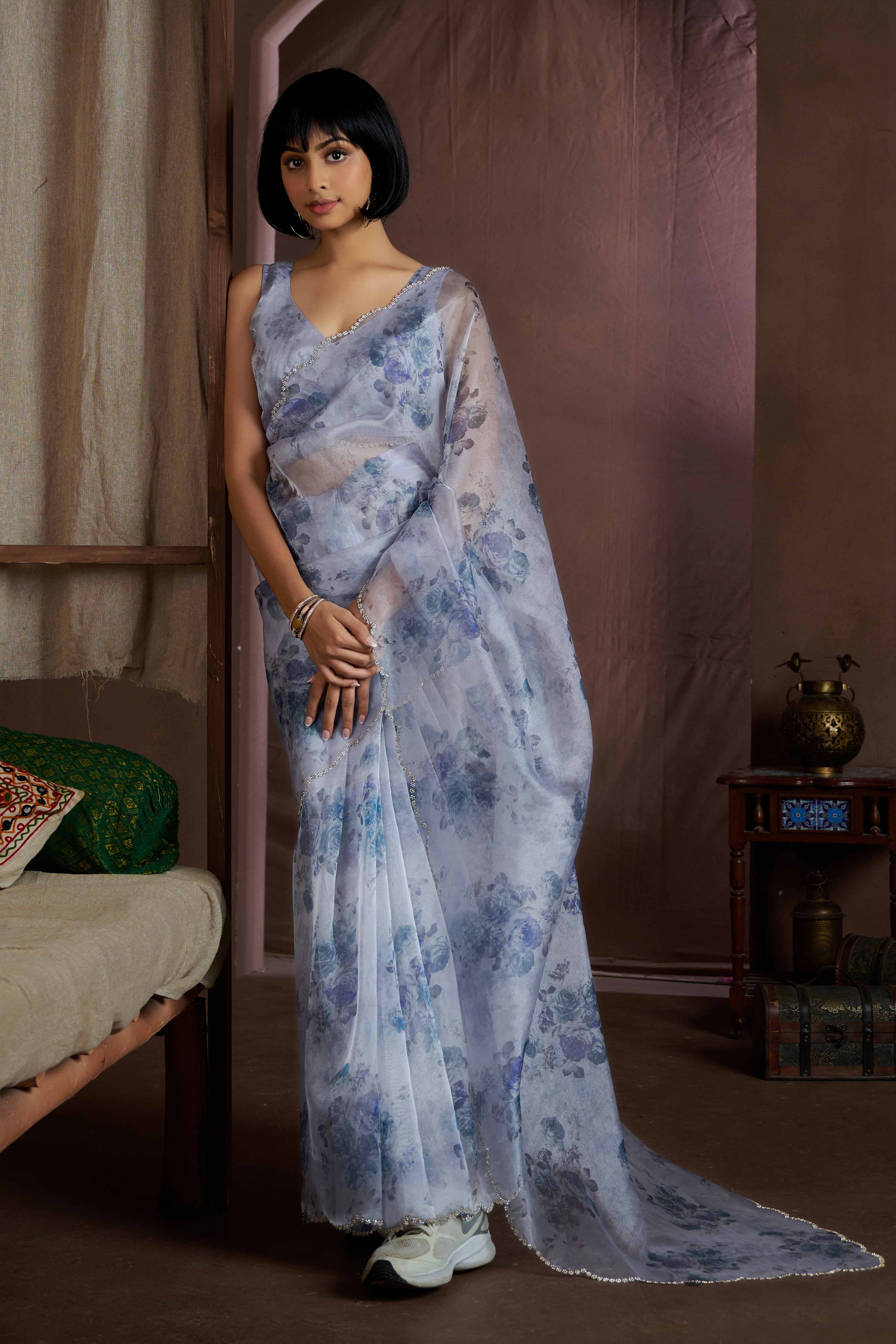 Blue Floral Printed Soft Organza Saree With Stone Work Border - Image 3