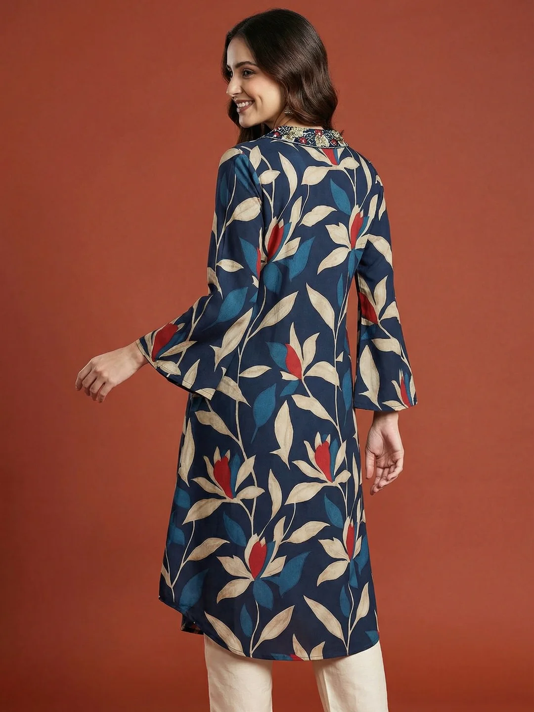 Blue Floral Printed Viscose A-Line Kurti with a Flattering Flowing Silhouette - Image 3