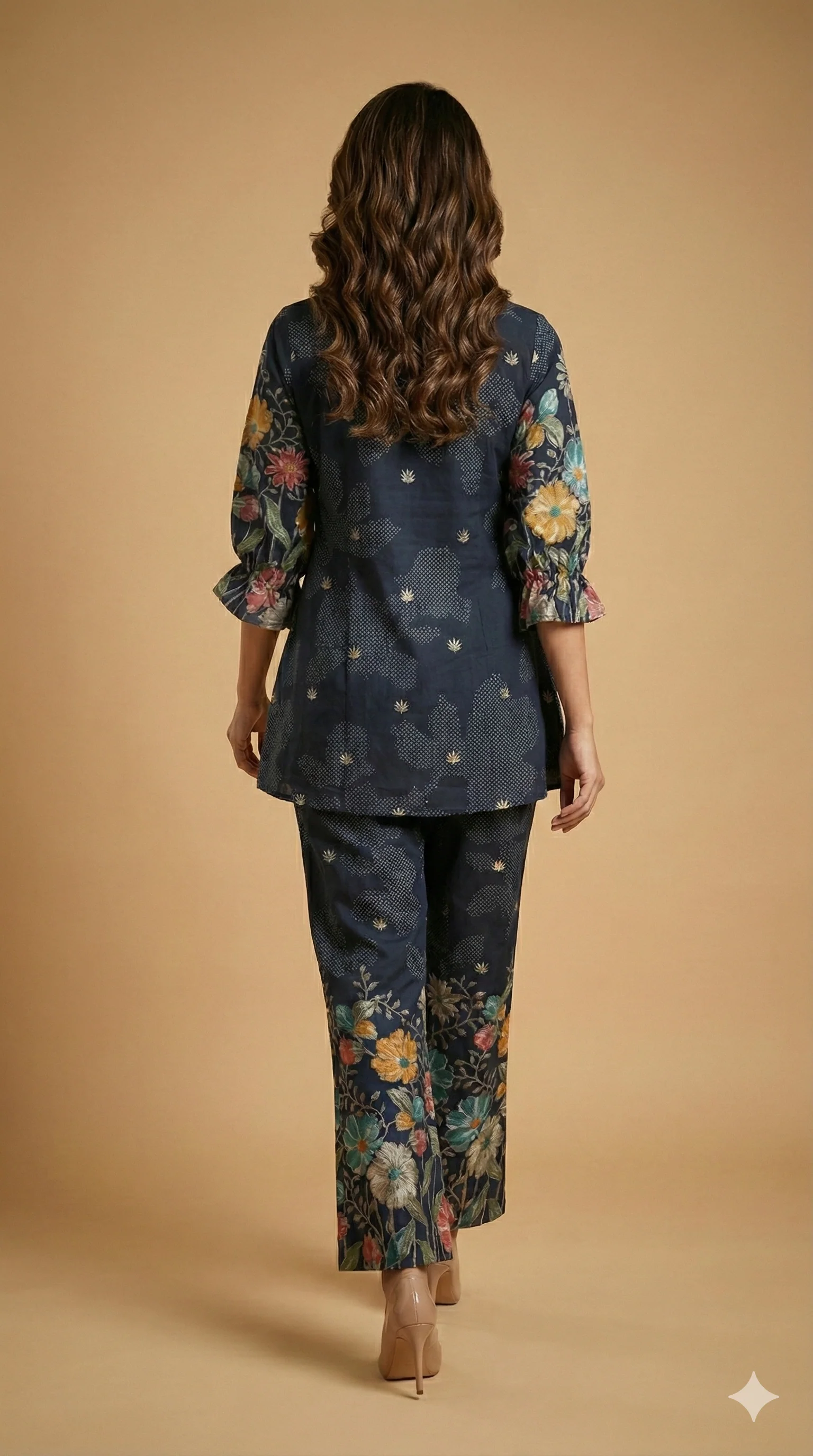 Blue Floral Printed Viscose Blend Co-ord Set Featuring a Stylish A-Line Top and Comfortable Bottoms - Image 3
