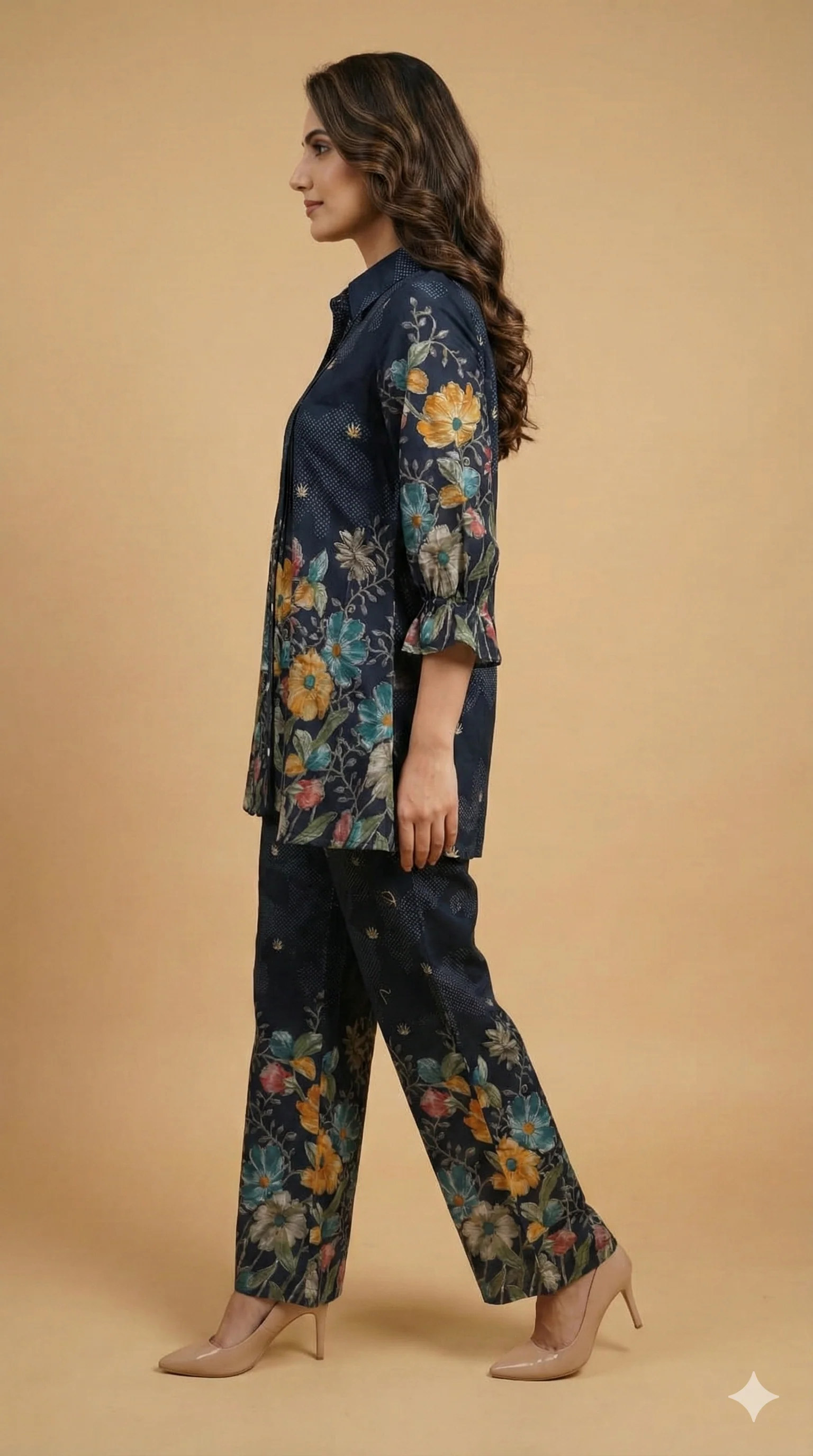 Blue Floral Printed Viscose Blend Co-ord Set Featuring a Stylish A-Line Top and Comfortable Bottoms - Image 4