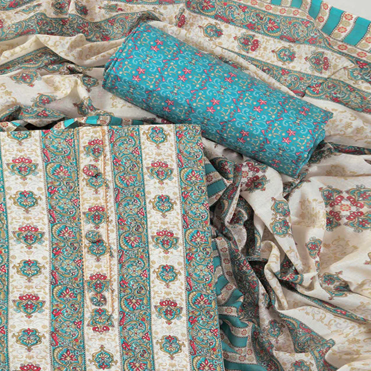 Blue Floral Printed With Gota Patti Work Pure Cotton Dress Material - Image 2