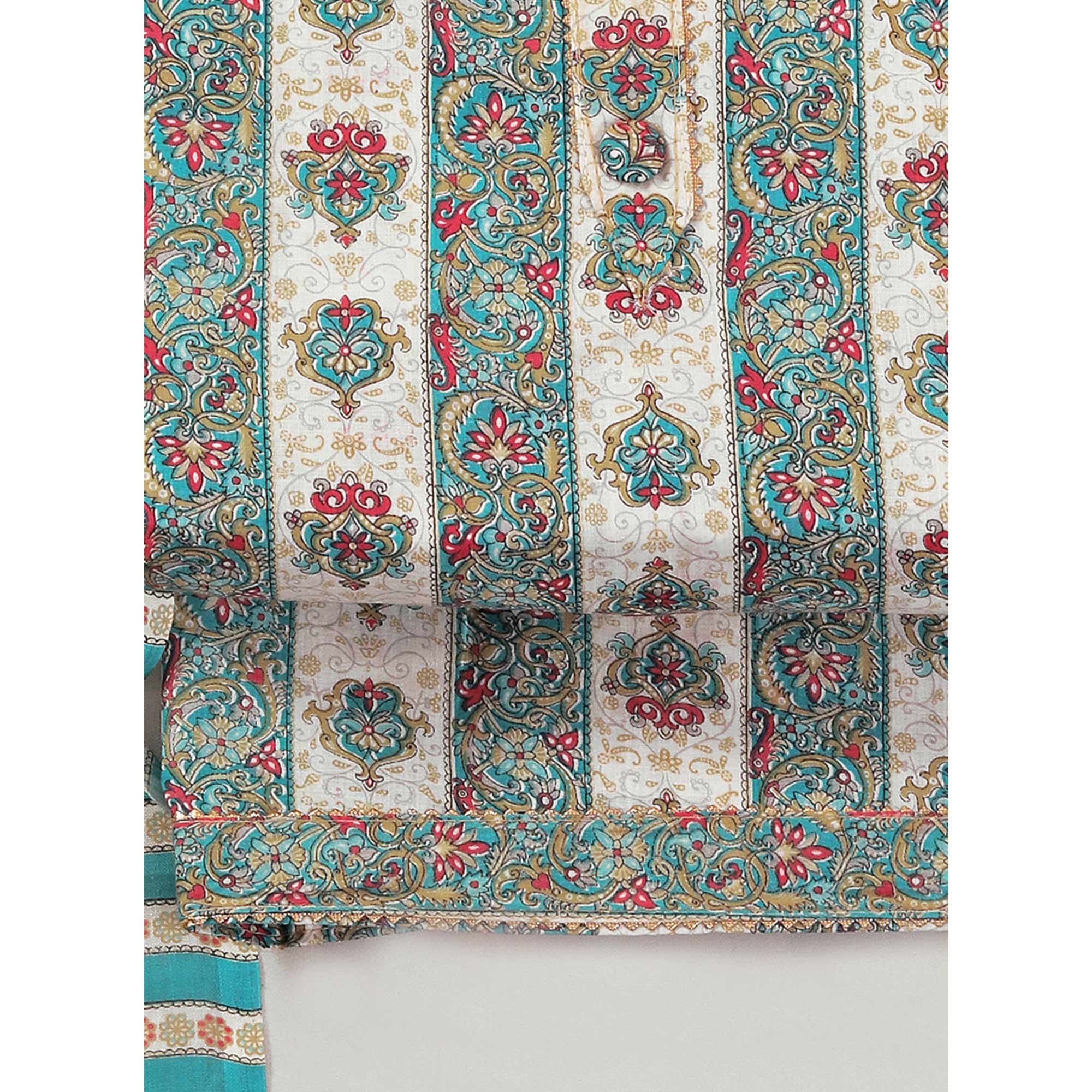 Blue Floral Printed With Gota Patti Work Pure Cotton Dress Material - Image 5