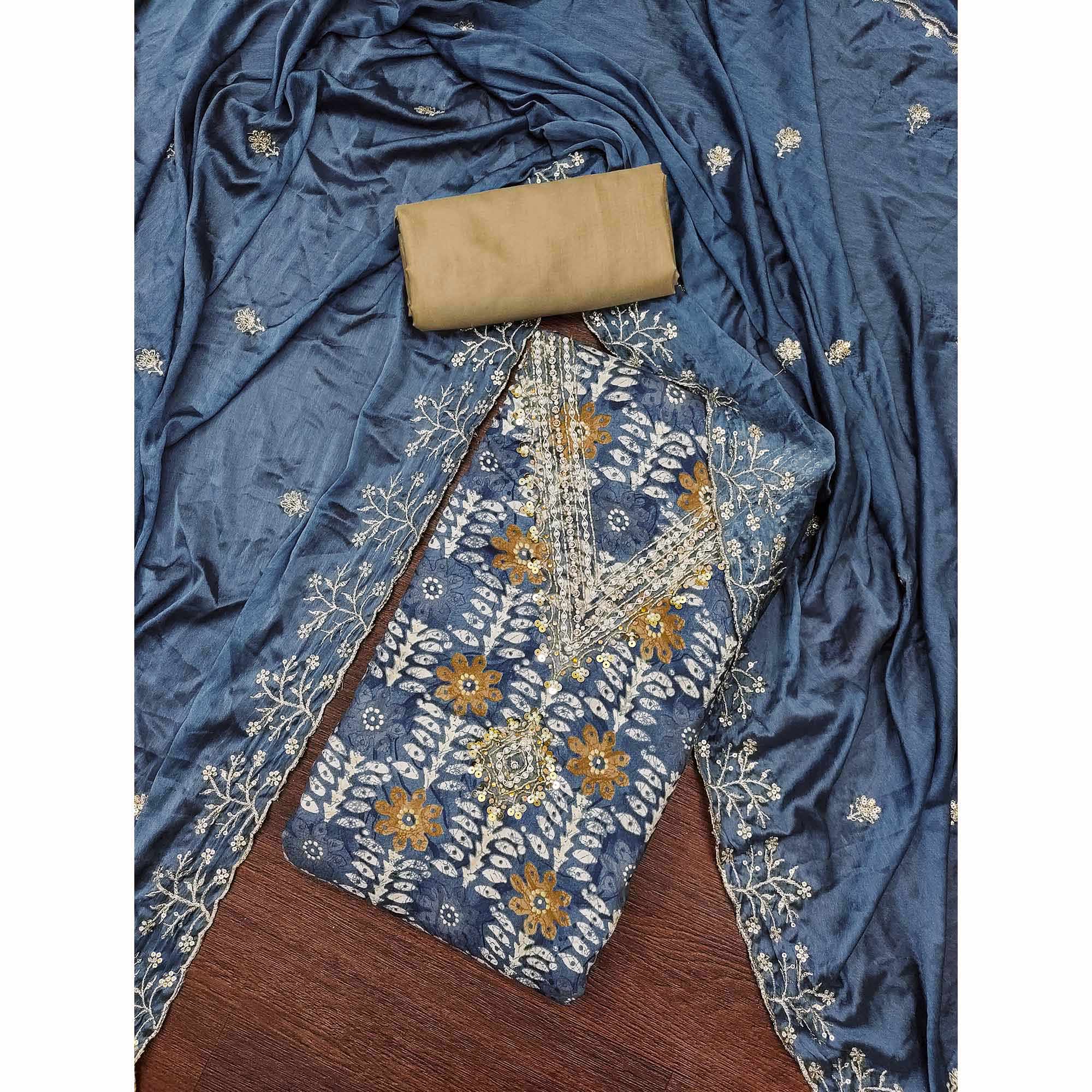 Blue Floral Printed With Handwork Pure Cotton Dress Material - Image 3