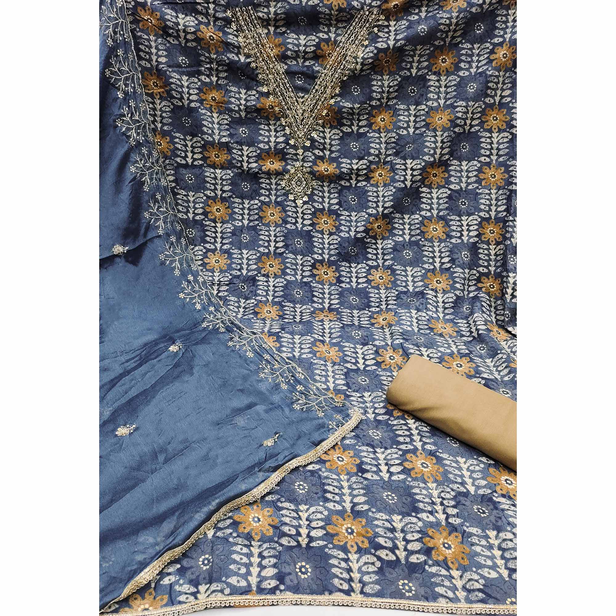 Blue Floral Printed With Handwork Pure Cotton Dress Material - Image 4