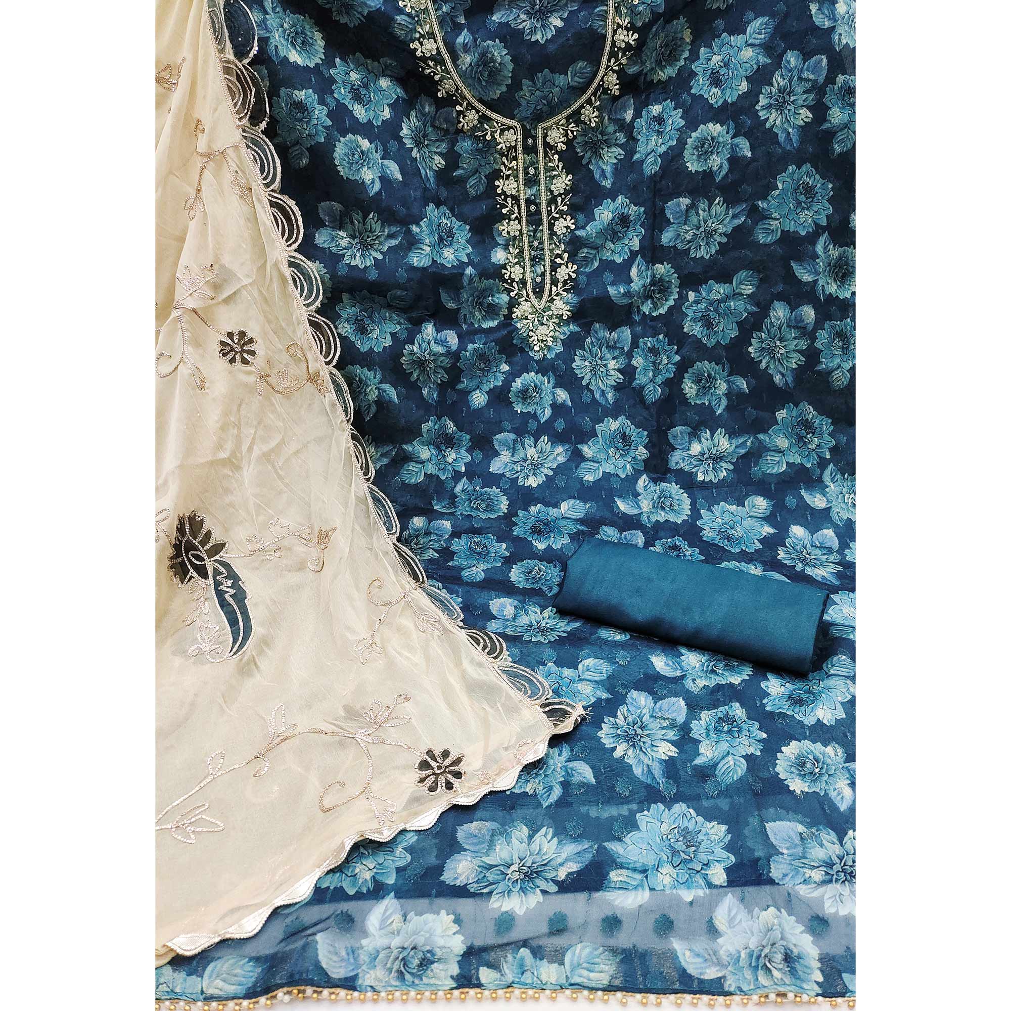 Blue Floral Printed With Handwork Viscose Banarasi Dress Material - Image 4