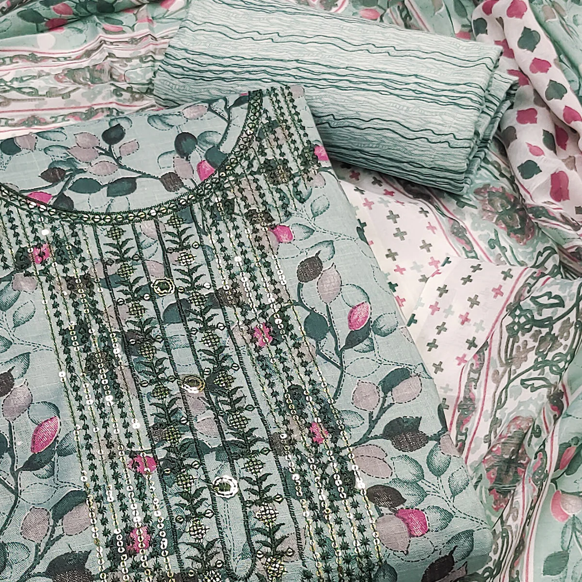 Blue Floral Printed With Sequins Embroidered Pure Cotton Dress Material - Image 2