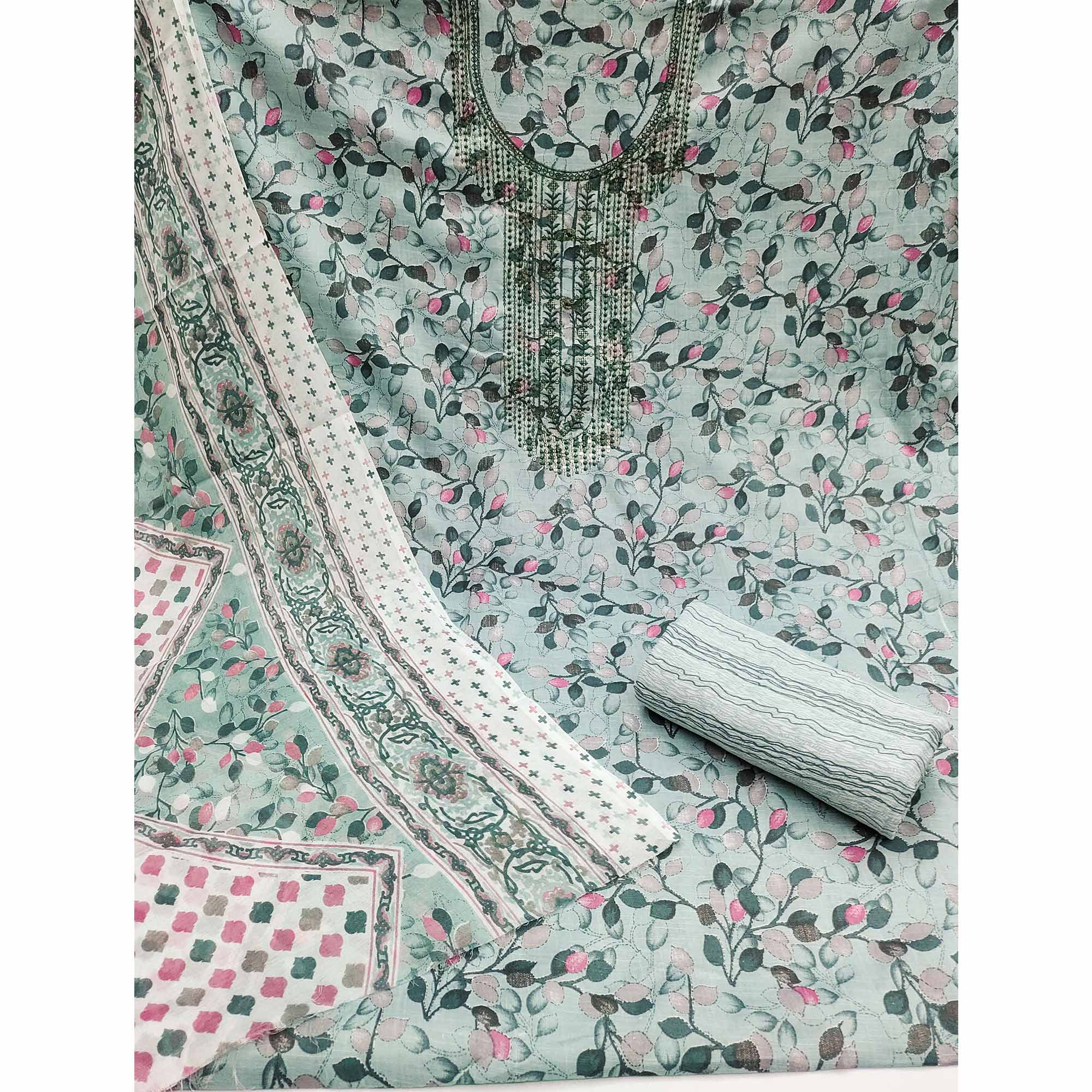 Blue Floral Printed With Sequins Embroidered Pure Cotton Dress Material - Image 3