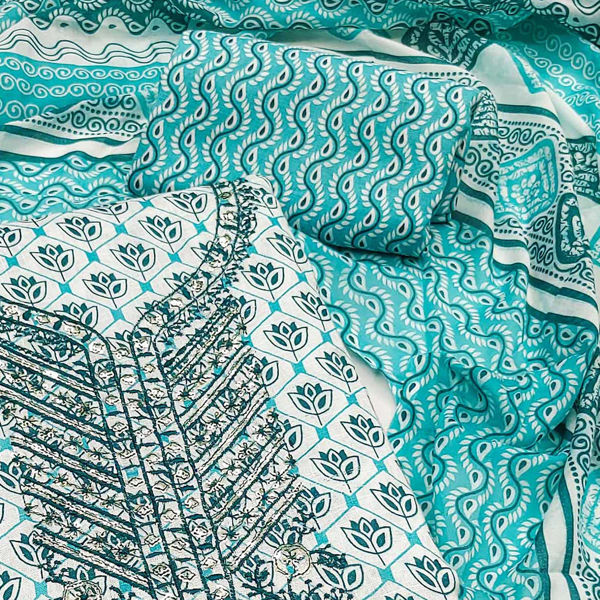 Blue Floral Printed With Sequins Embroidered Pure Cotton Dress Material - Image 2