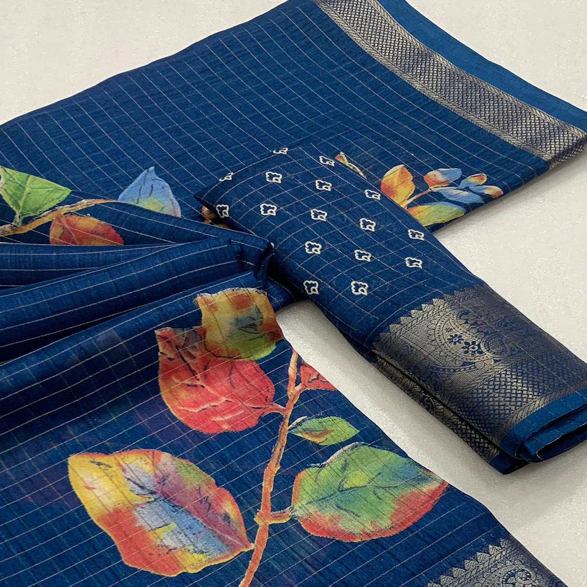 Blue Floral Printed With Woven Dola Silk Saree - Image 2