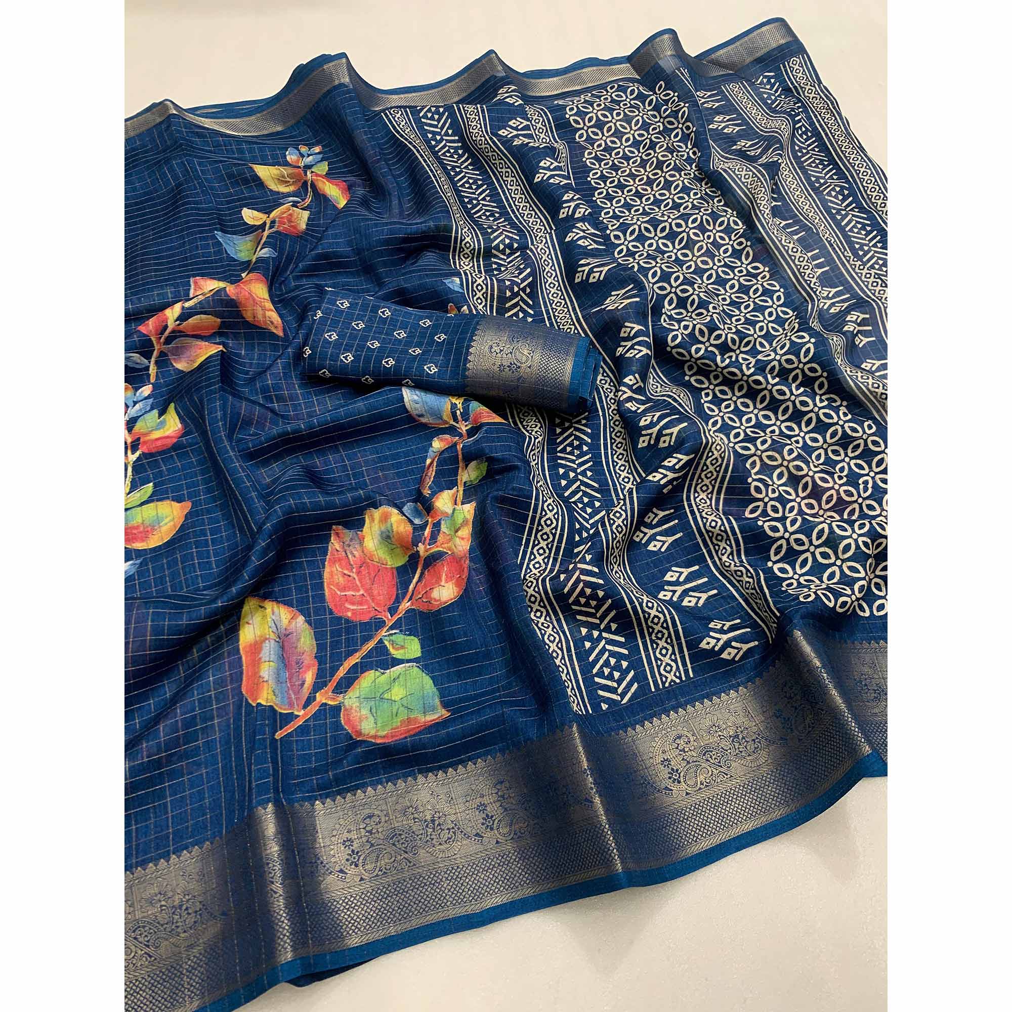 Blue Floral Printed With Woven Dola Silk Saree - Image 3