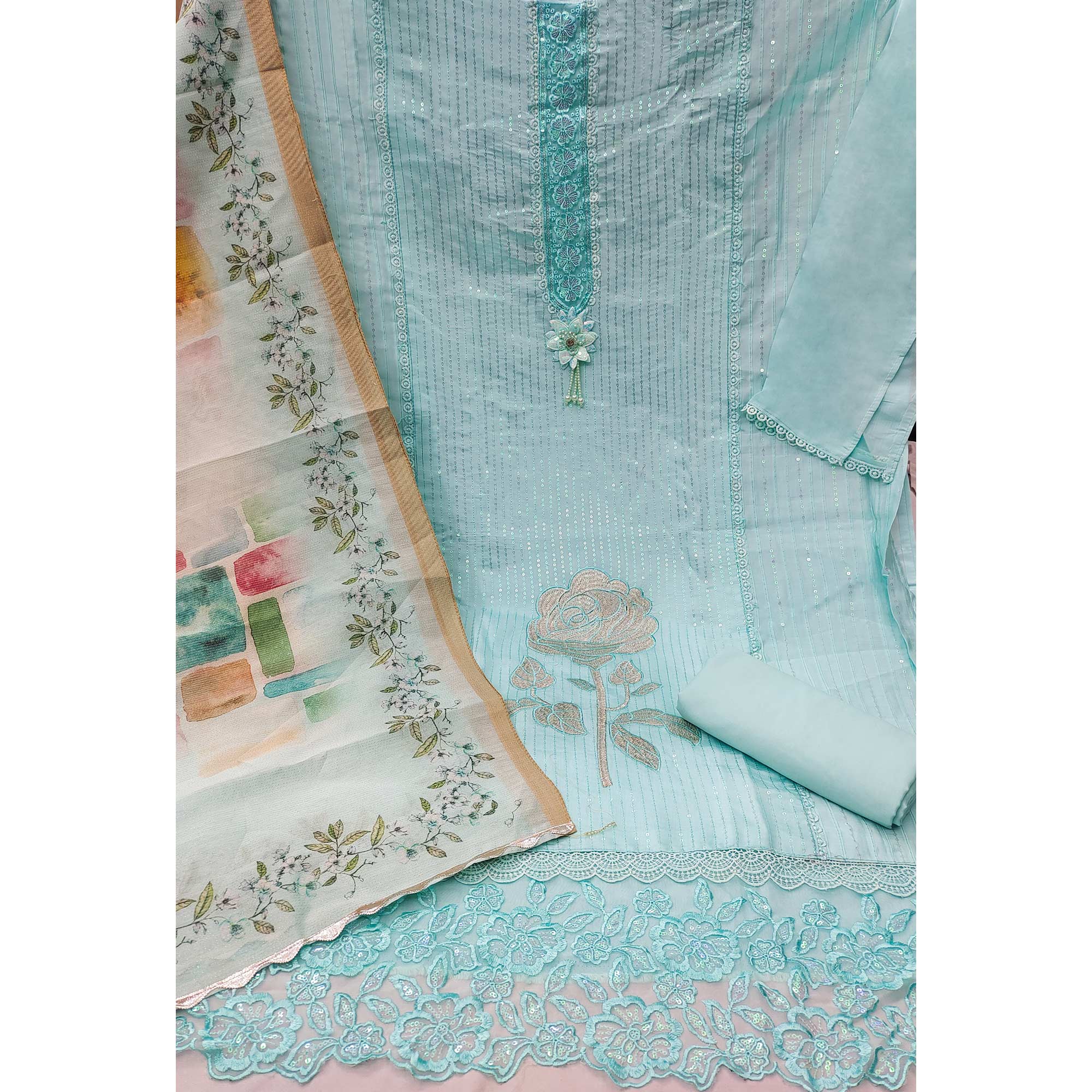 Blue Floral Sequin Embroidered Cotton Silk Dress Material - Image 4