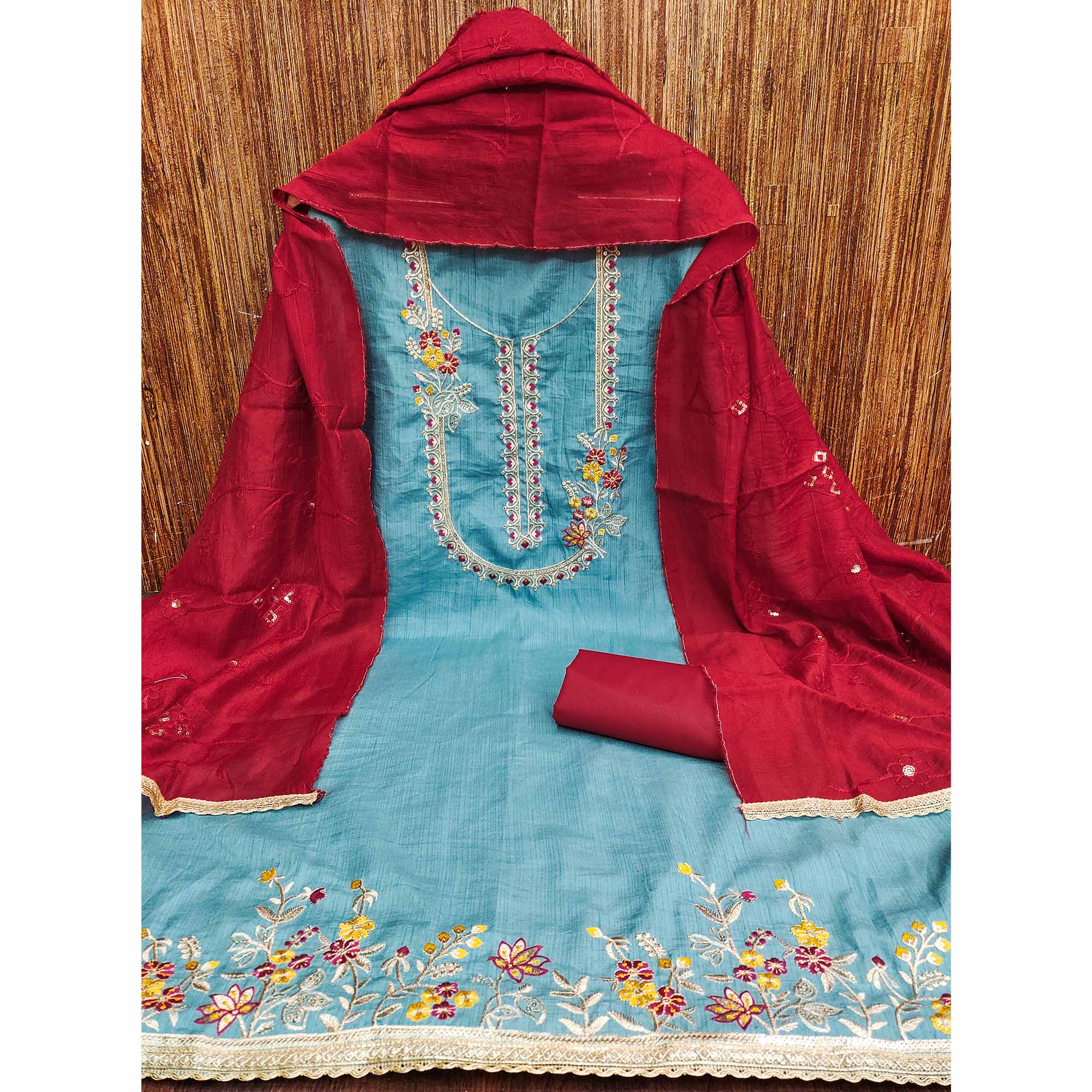 Blue Floral Sequins Embroidered Art Silk Dress Material - Image 4