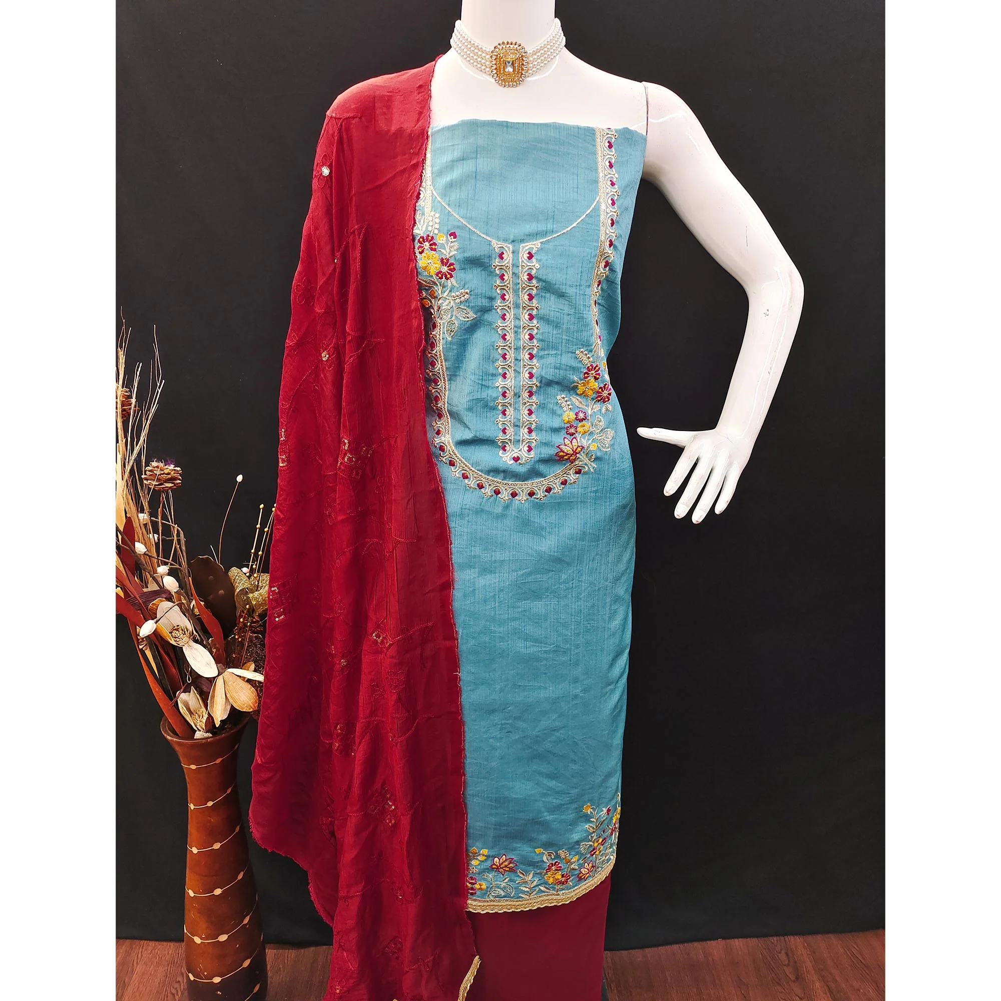 Blue Floral Sequins Embroidered Art Silk Dress Material - Image 5