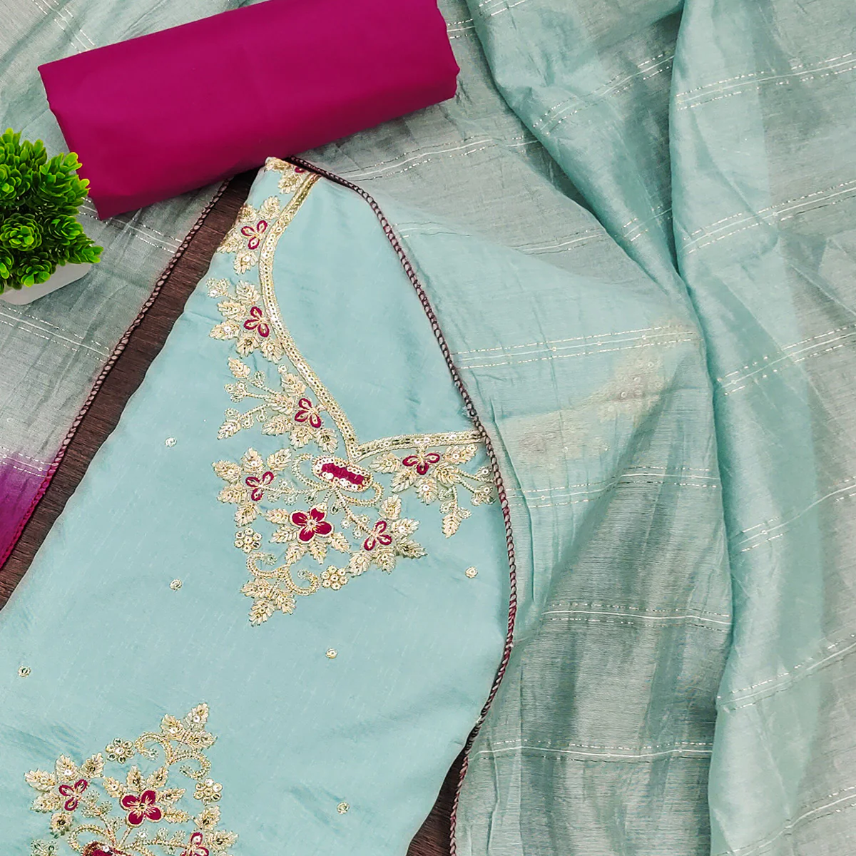 Blue Floral Sequins Embroidered Art Silk Dress Material - Image 2