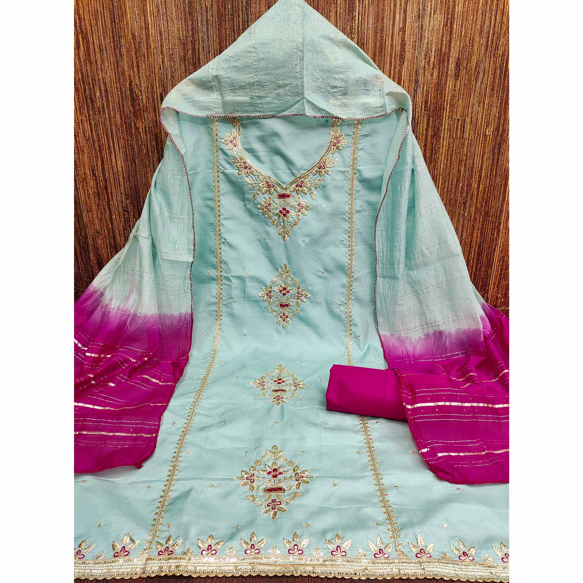 Blue Floral Sequins Embroidered Art Silk Dress Material - Image 4