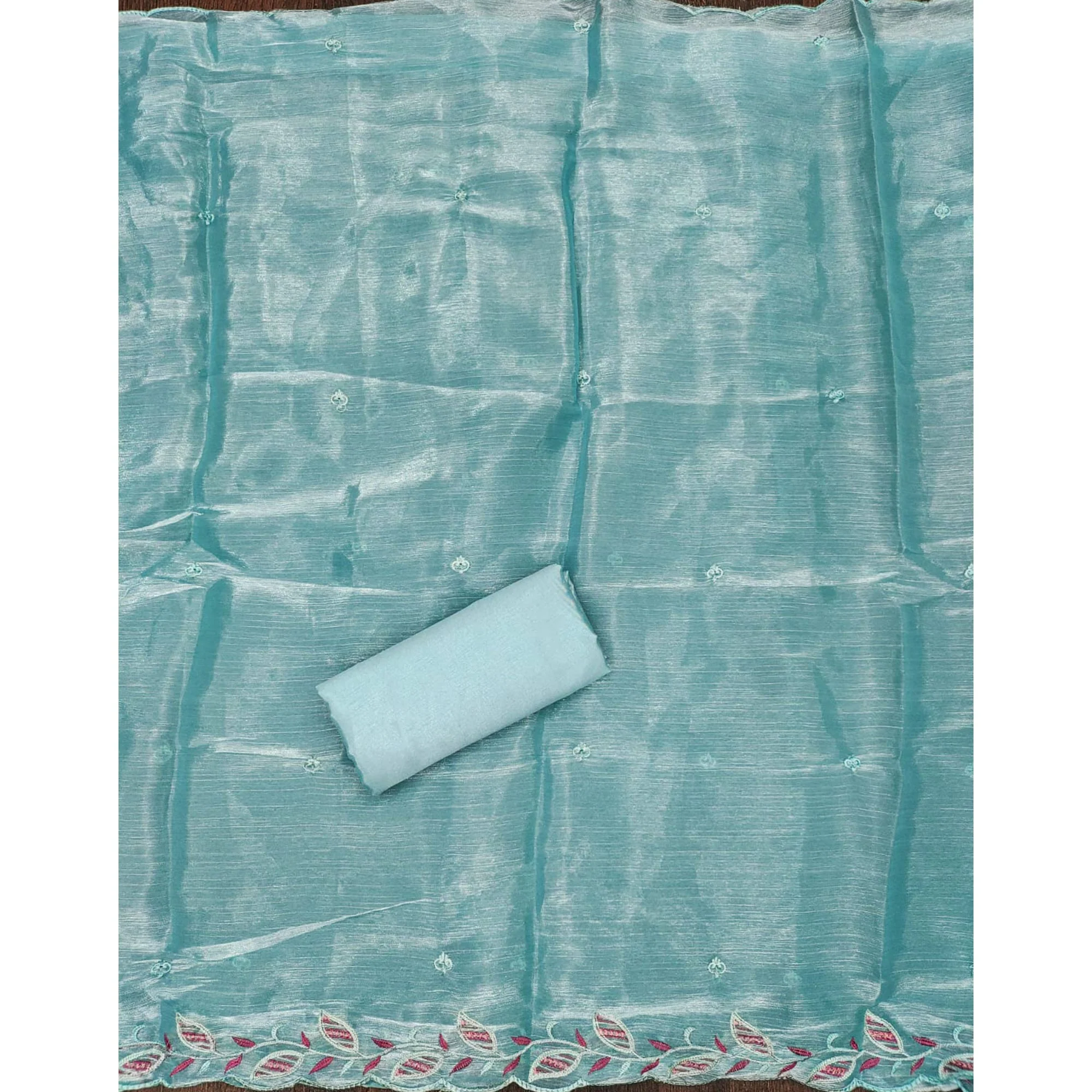 Blue Floral Sequins Embroidered Burberry Zoya Silk Dress Material - Image 5