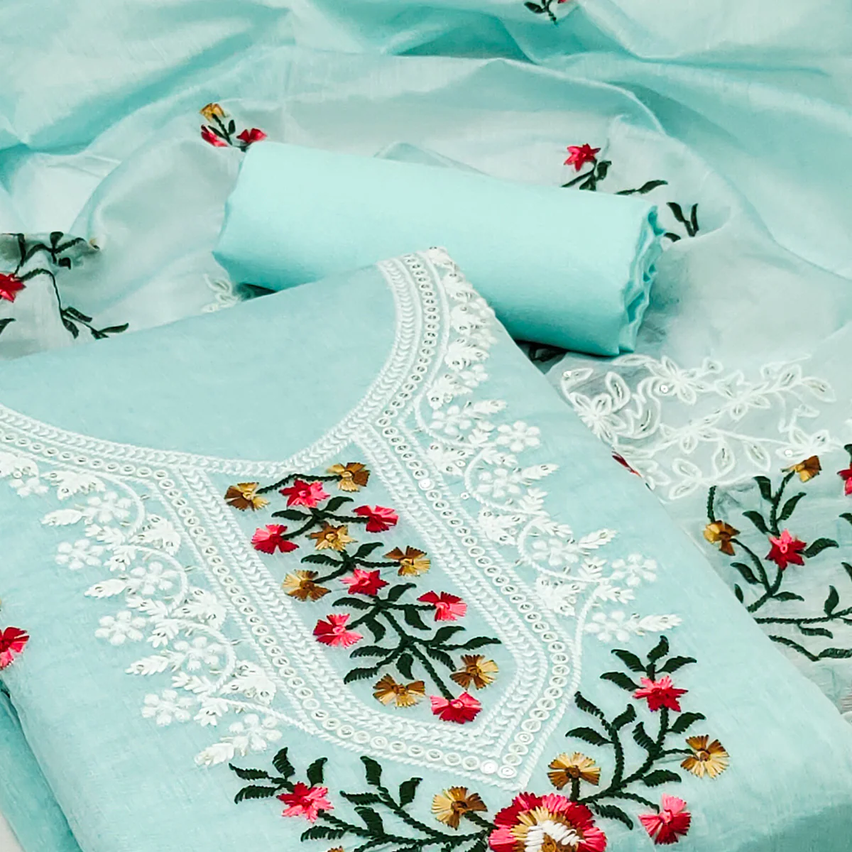Blue Floral Sequins Embroidered Chanderi Dress Material - Image 2