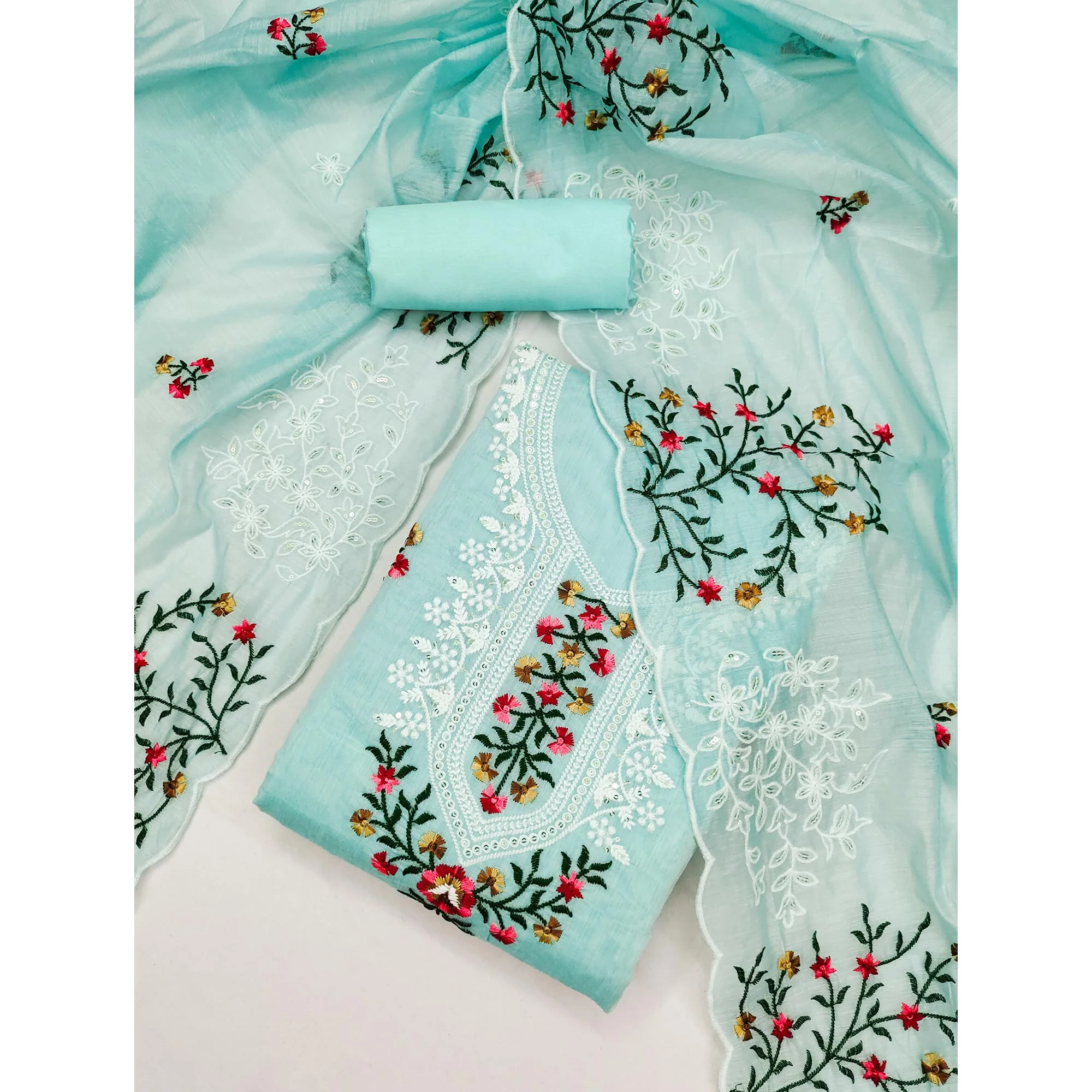 Blue Floral Sequins Embroidered Chanderi Dress Material - Image 3