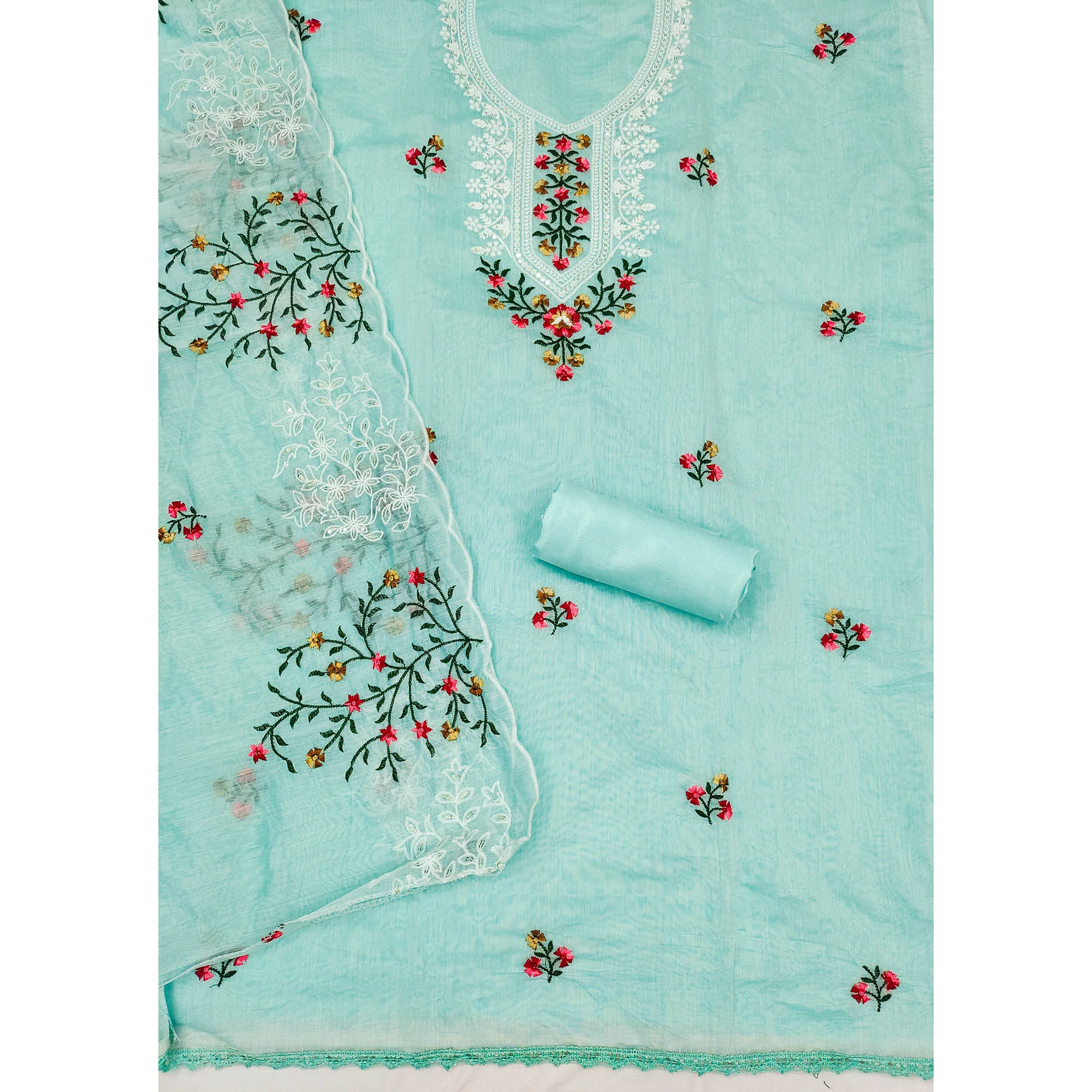 Blue Floral Sequins Embroidered Chanderi Dress Material - Image 4