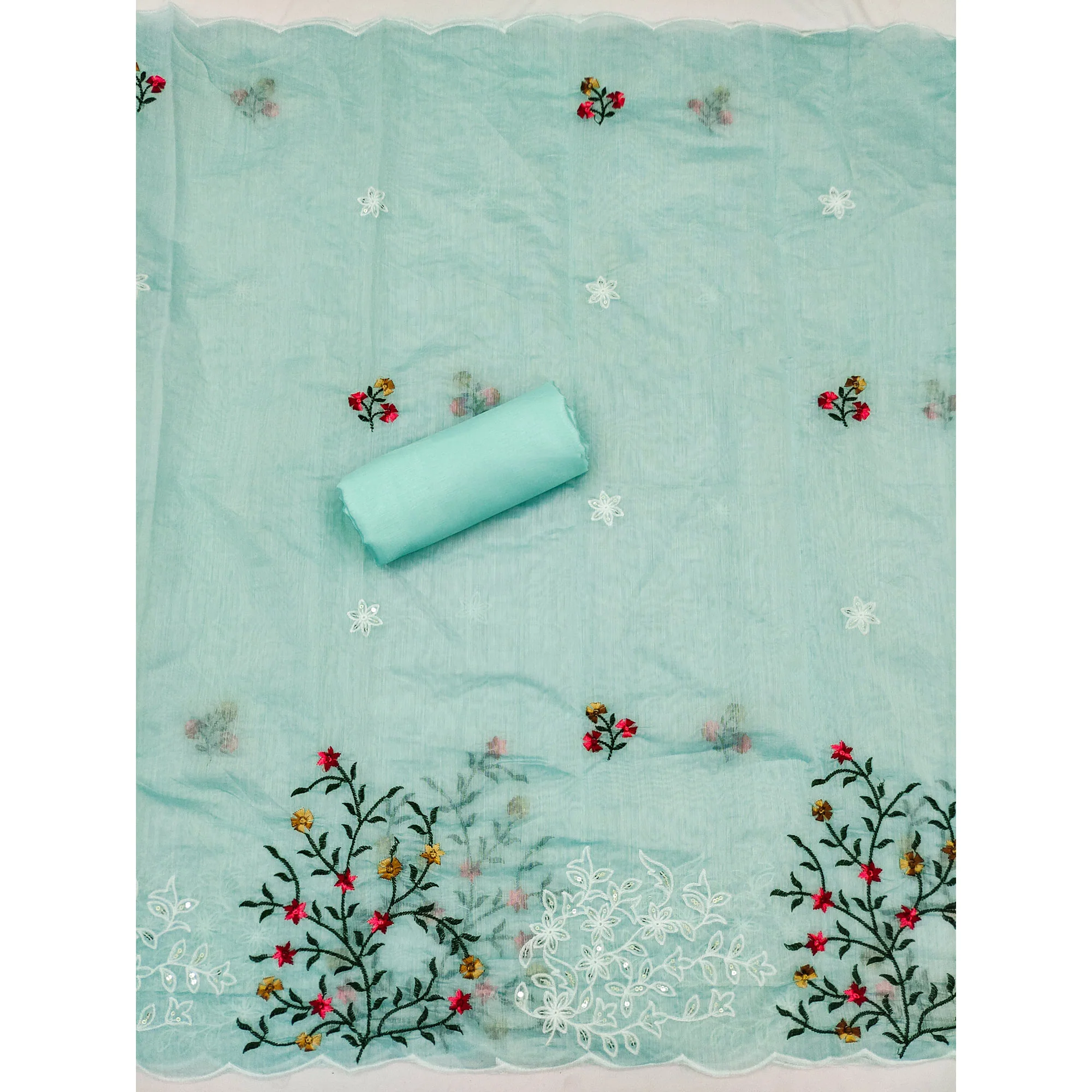 Blue Floral Sequins Embroidered Chanderi Dress Material - Image 5